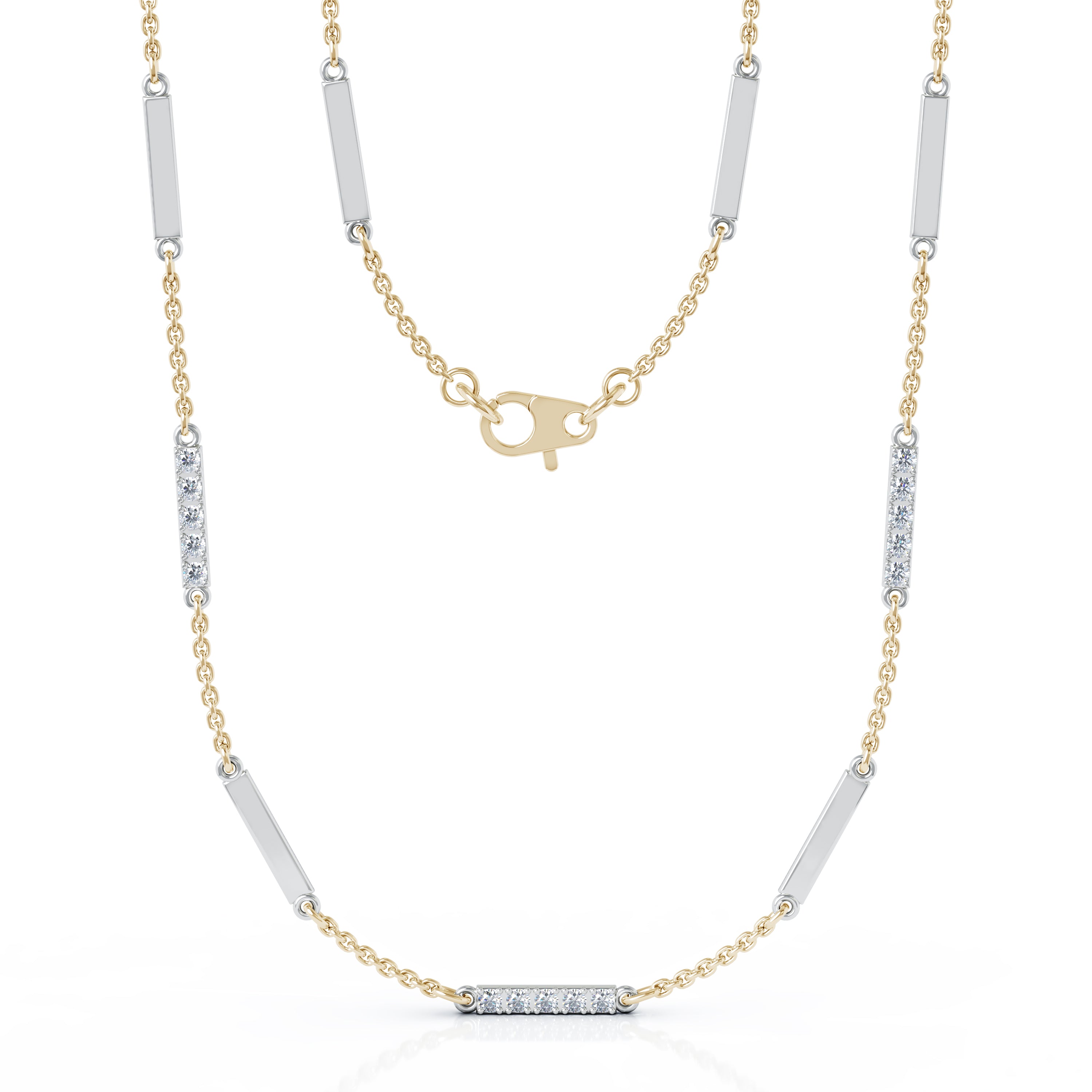 0.55Ct Diamond & Gold Bar Chain Station Necklace, 26" in 14K Gold