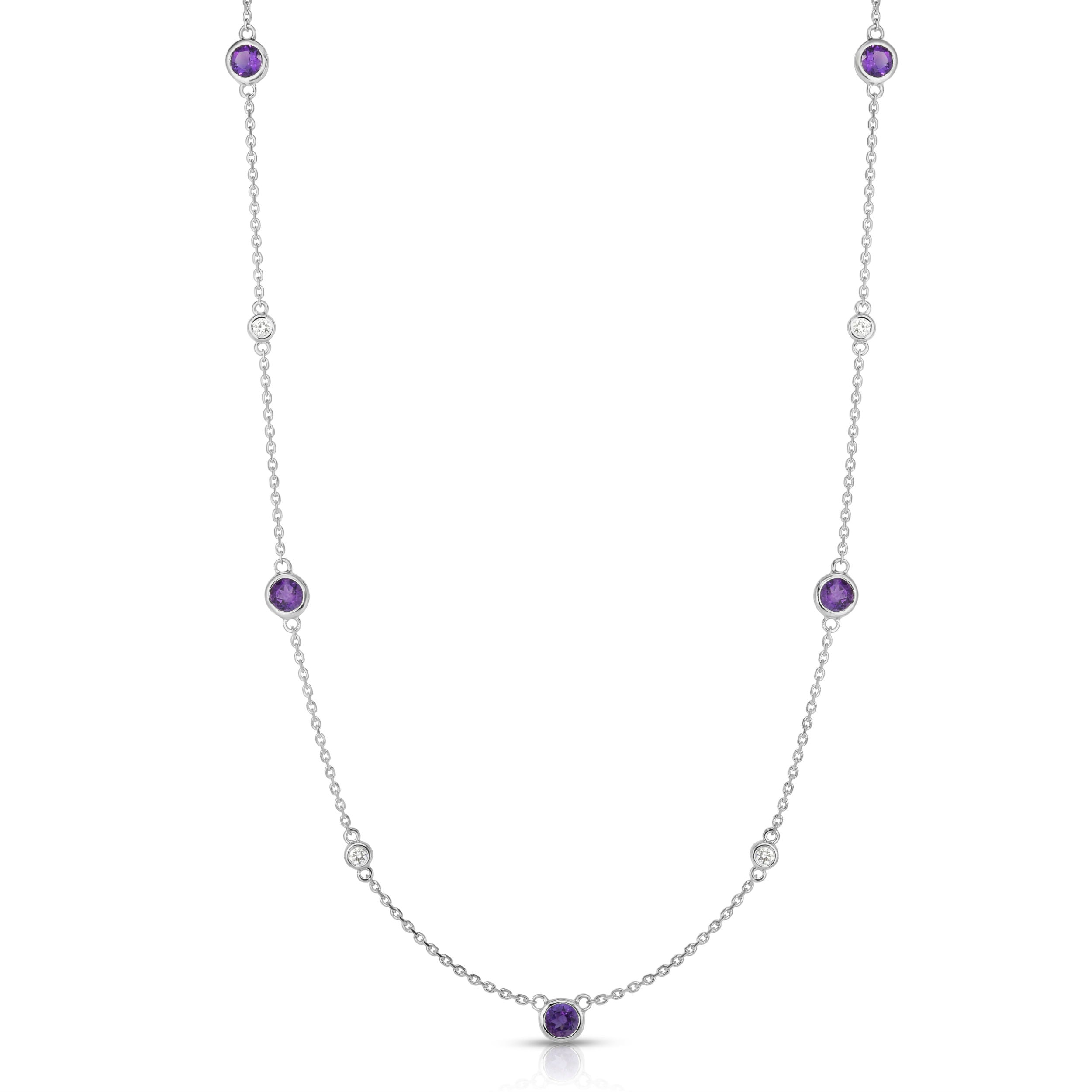 11 Station 2.00Ct Gemstone & 0.30Ct Diamond Necklace, 17-18" Chain in 14K White Gold