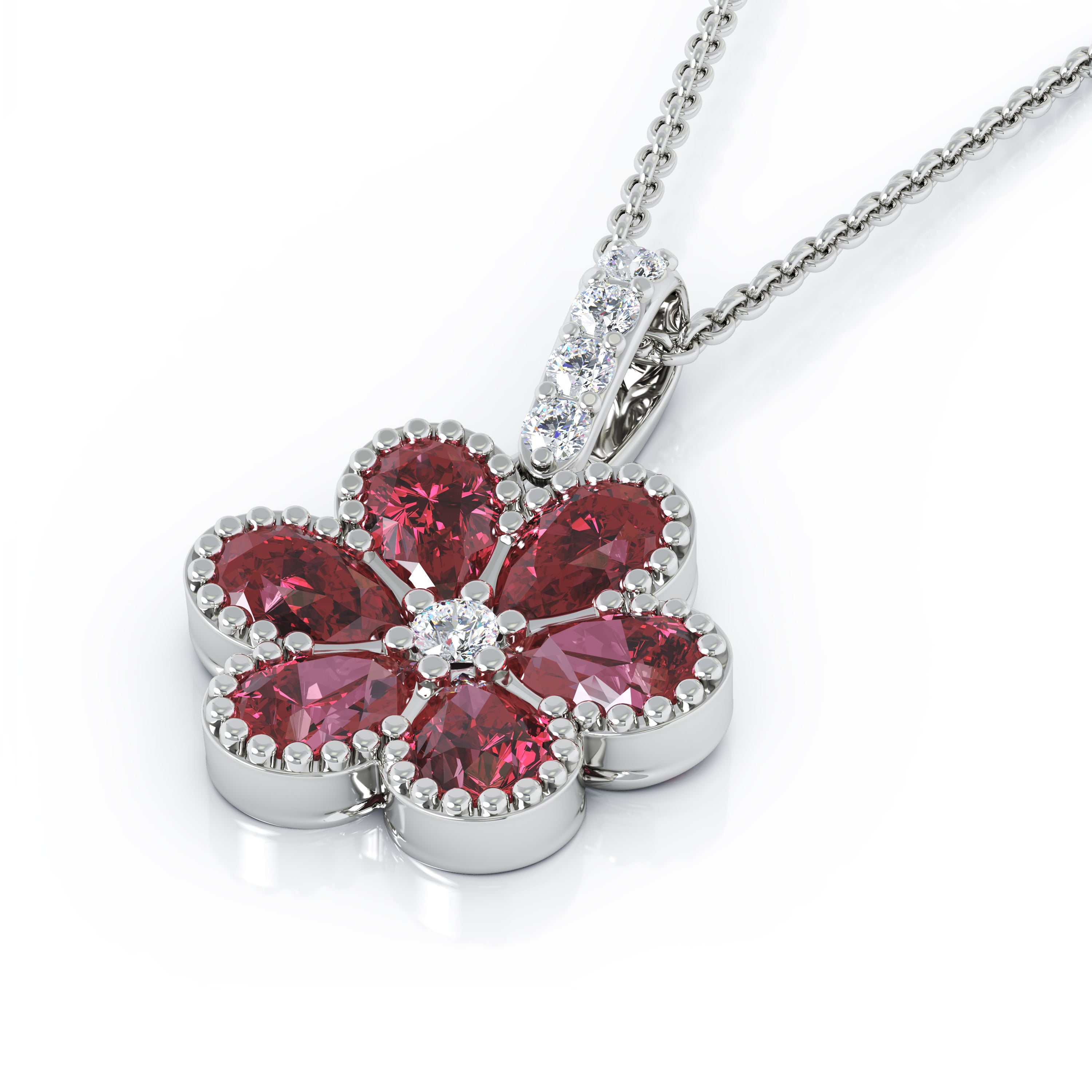 14K Gold Gemstone & Diamond Flower Pendant, 18" Gold Chain