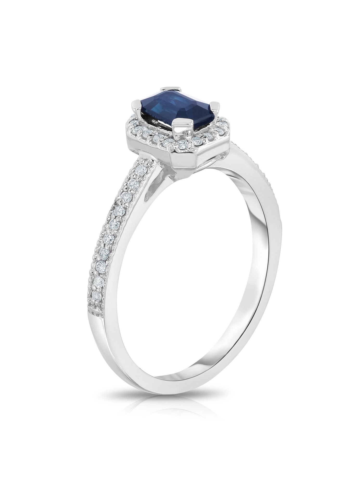 Emerald Cut Gemstone & 0.15Ct Diamond Ring in 14K White Gold