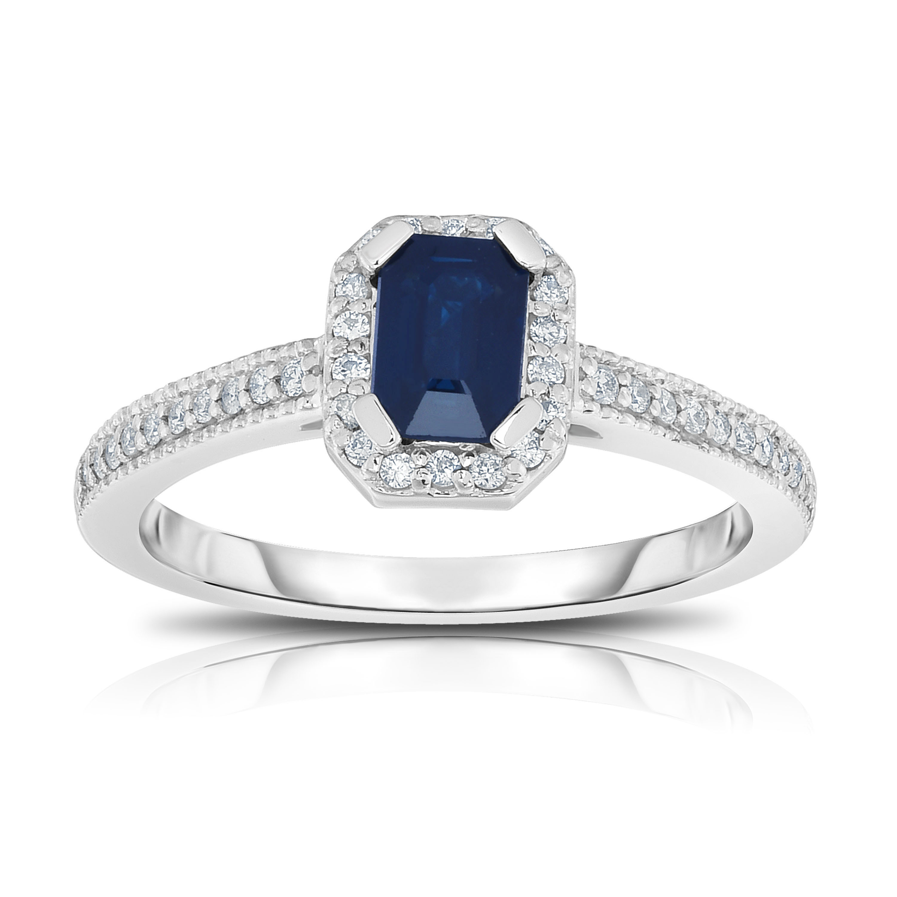 Emerald Cut Gemstone & 0.15Ct Diamond Ring in 14K White Gold
