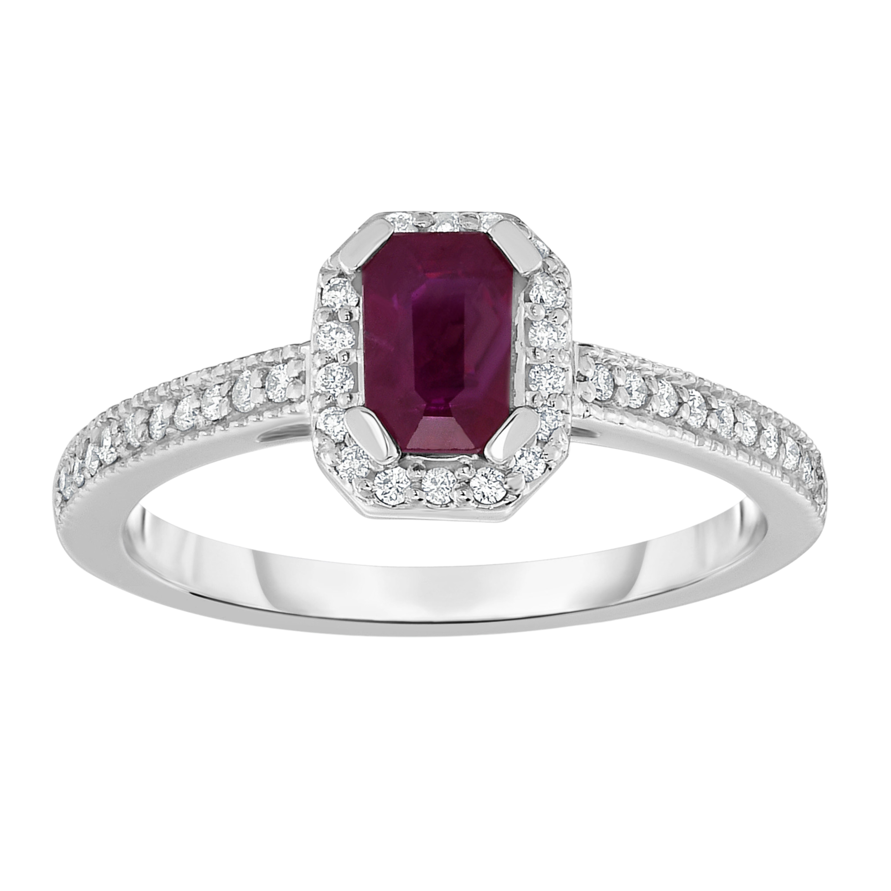 Emerald Cut Gemstone & 0.15Ct Diamond Ring in 14K White Gold