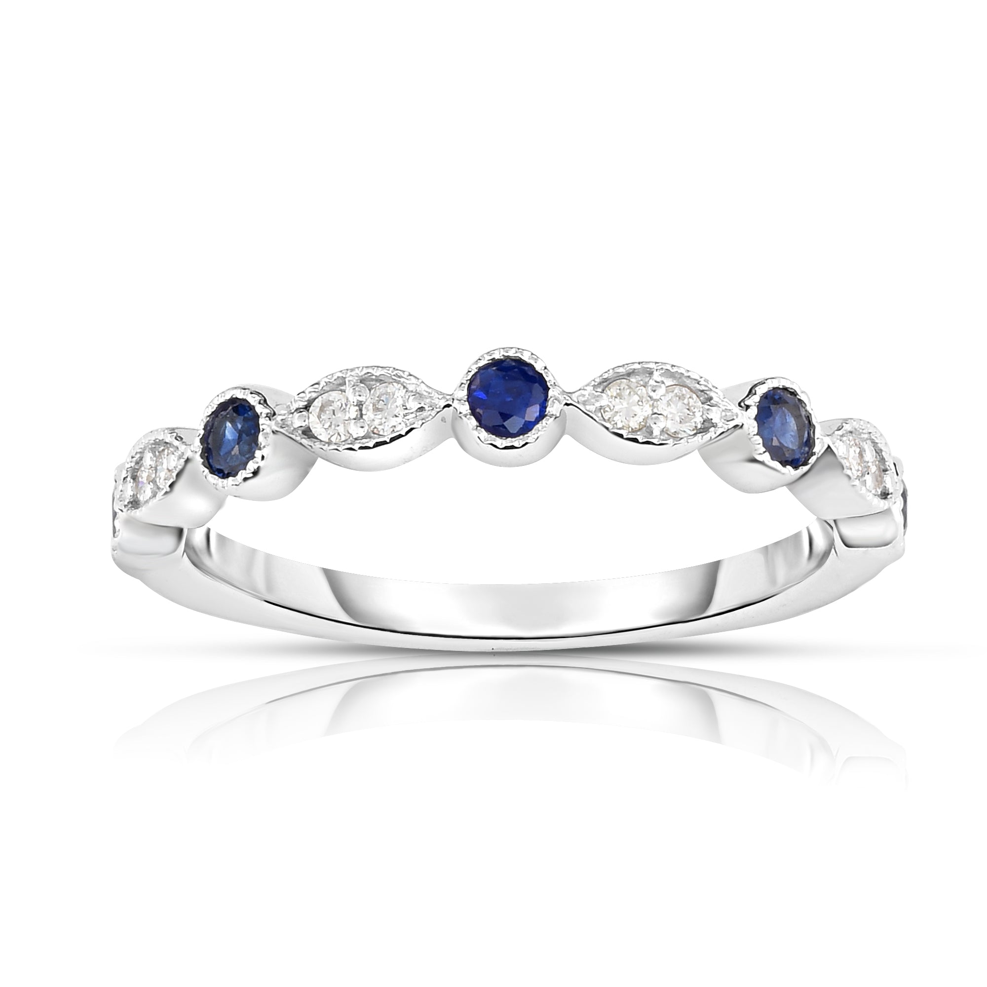 Gemstone & 0.08Ct Diamond Stackable Milligrain Ring in 14K White Gold