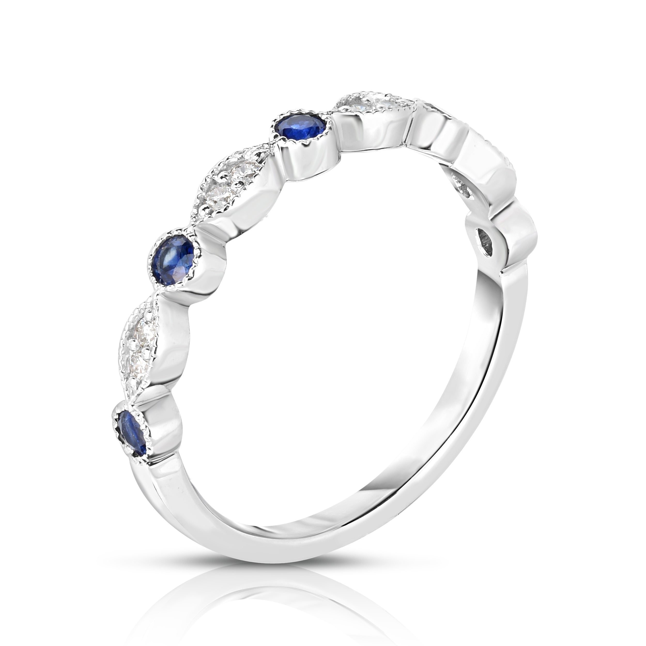 Gemstone & 0.08Ct Diamond Stackable Milligrain Ring in 14K White Gold