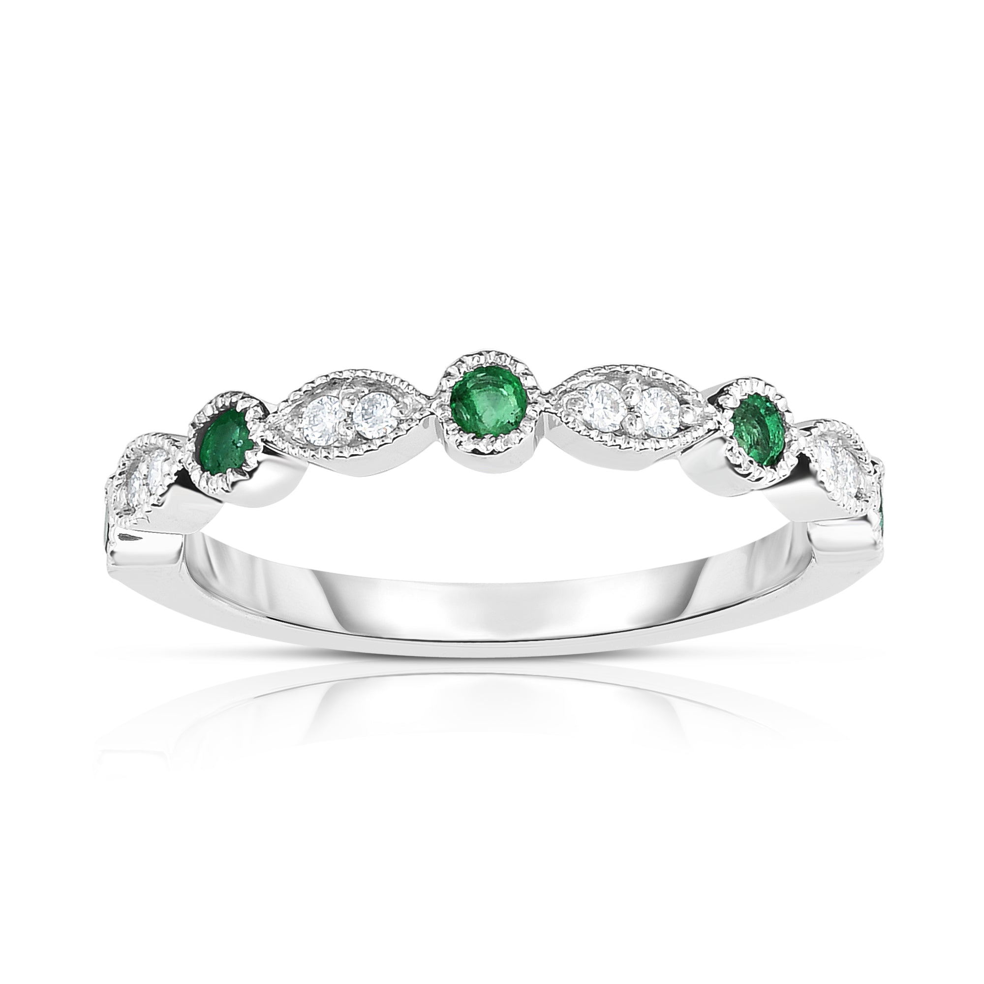 Gemstone & 0.08Ct Diamond Stackable Milligrain Ring in 14K White Gold