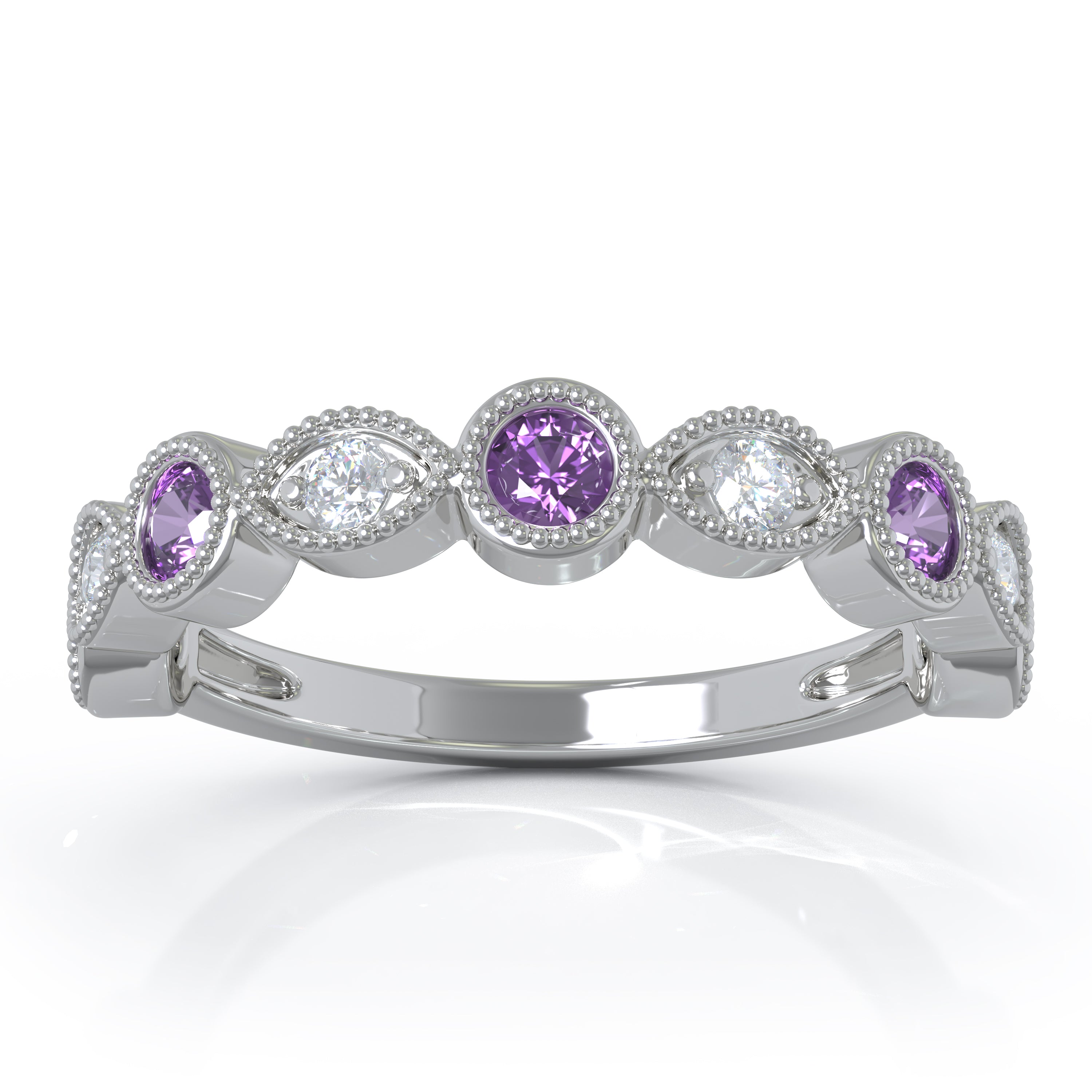 Gemstone & 0.12Ct Diamond Milligrain Wedding Band in 14K Gold