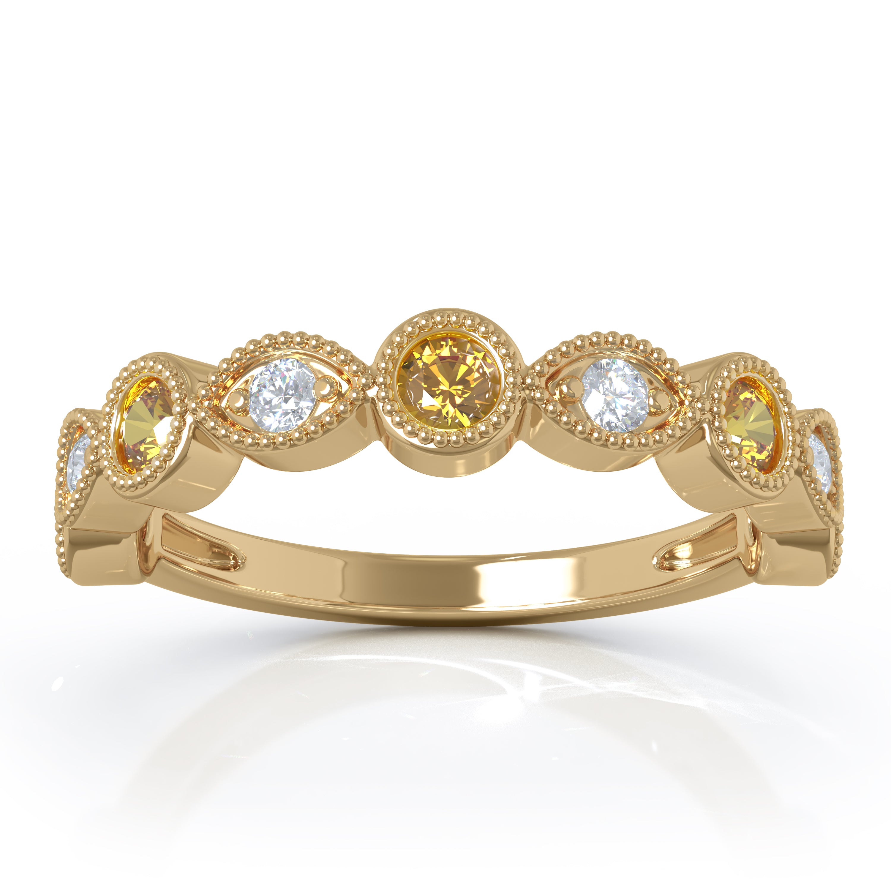 Gemstone & 0.12Ct Diamond Milligrain Wedding Band in 14K Gold