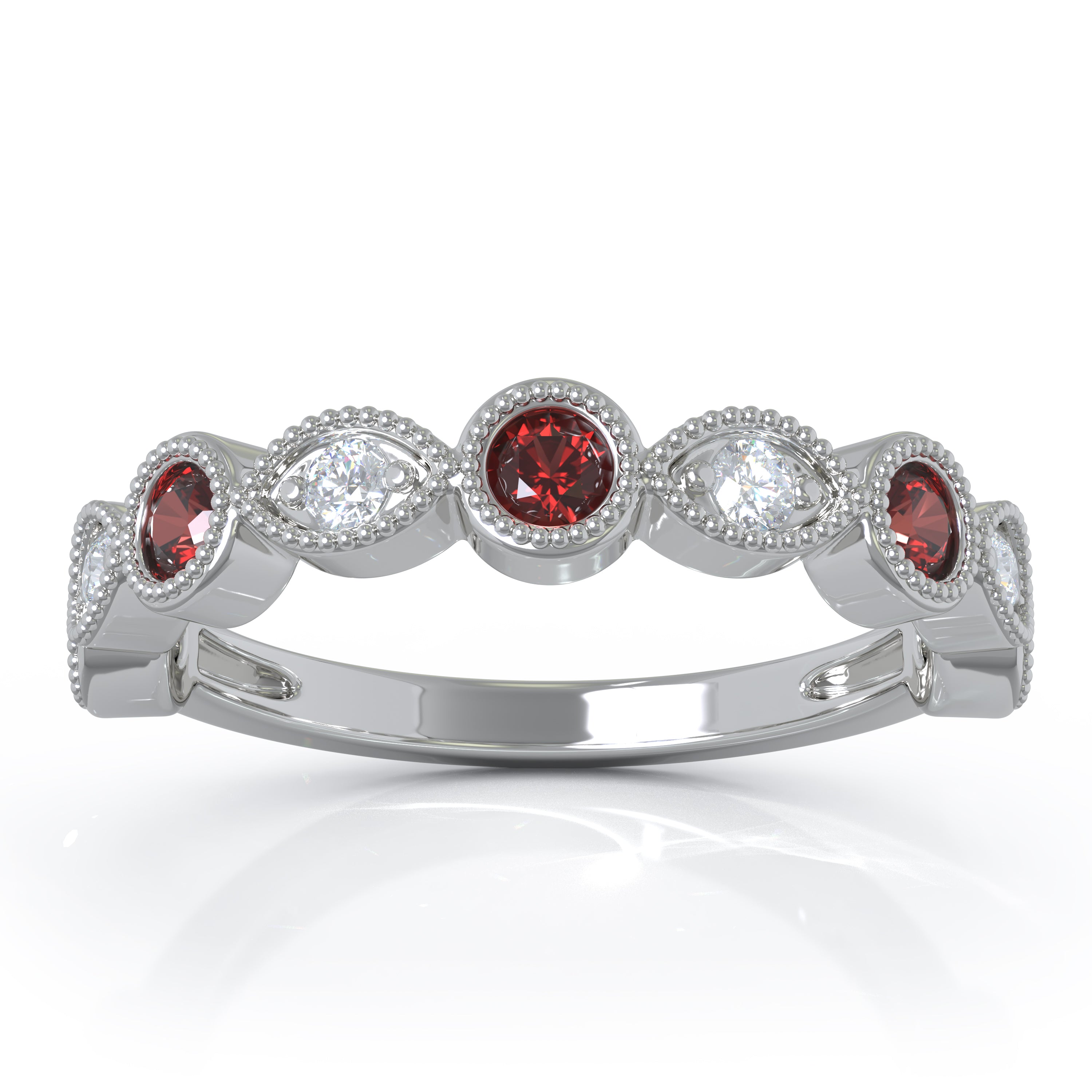 Gemstone & 0.12Ct Diamond Milligrain Wedding Band in 14K Gold