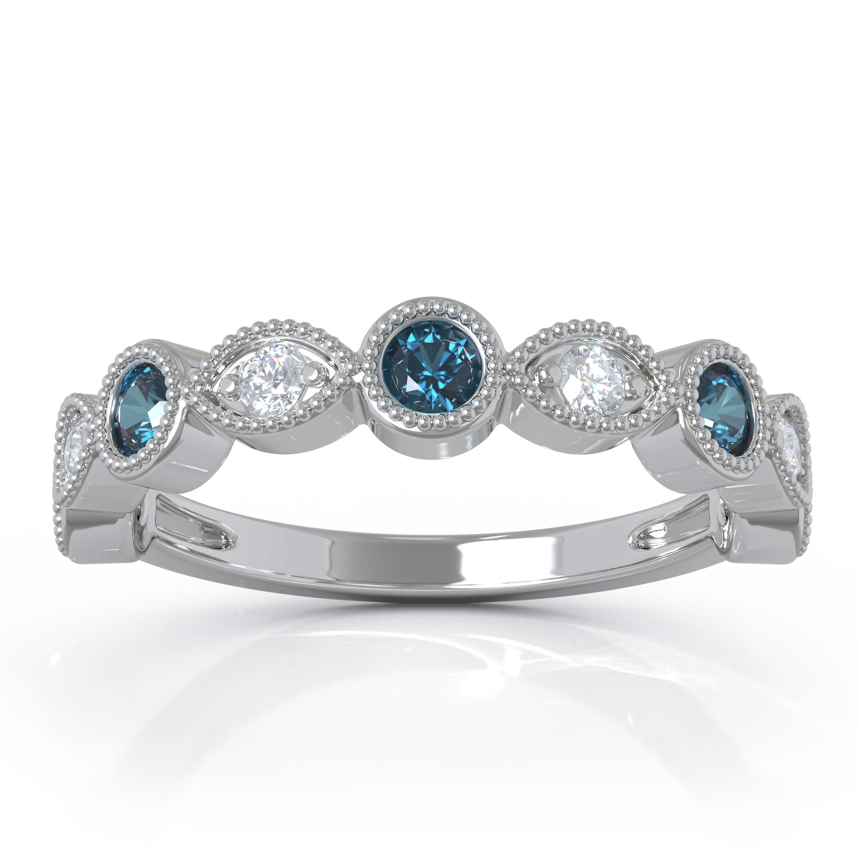 Gemstone & 0.12Ct Diamond Milligrain Wedding Band in 14K Gold