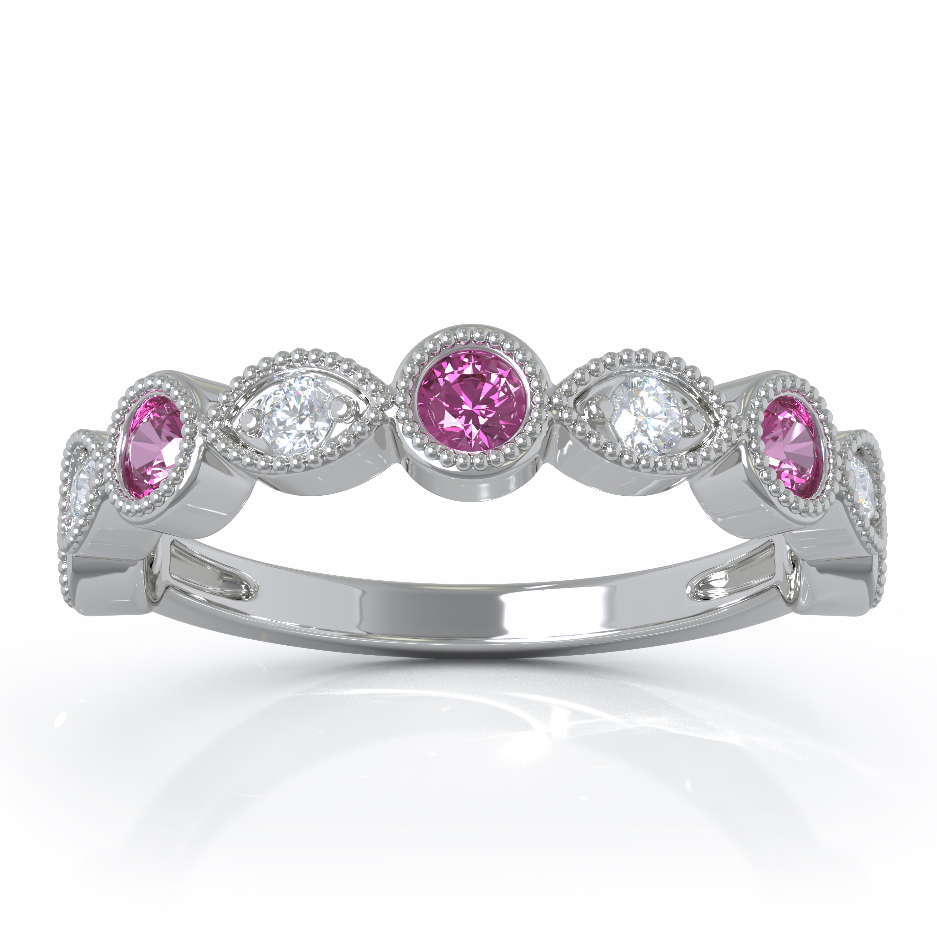 Gemstone & 0.12Ct Diamond Milligrain Wedding Band in 14K Gold
