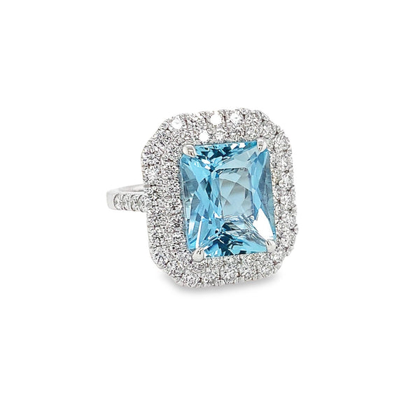 14K White Gold Emerald Cut 5.83ctt Aquamarine & 1.58ctt Diamond Ring