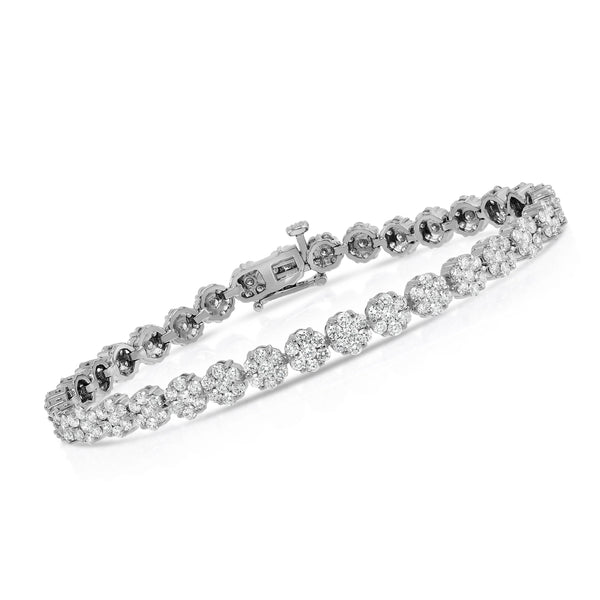 14K White Gold Diamond (5 Ct, G-H, SI2-I1 Clarity) Flower Cluster Tennis Bracelet