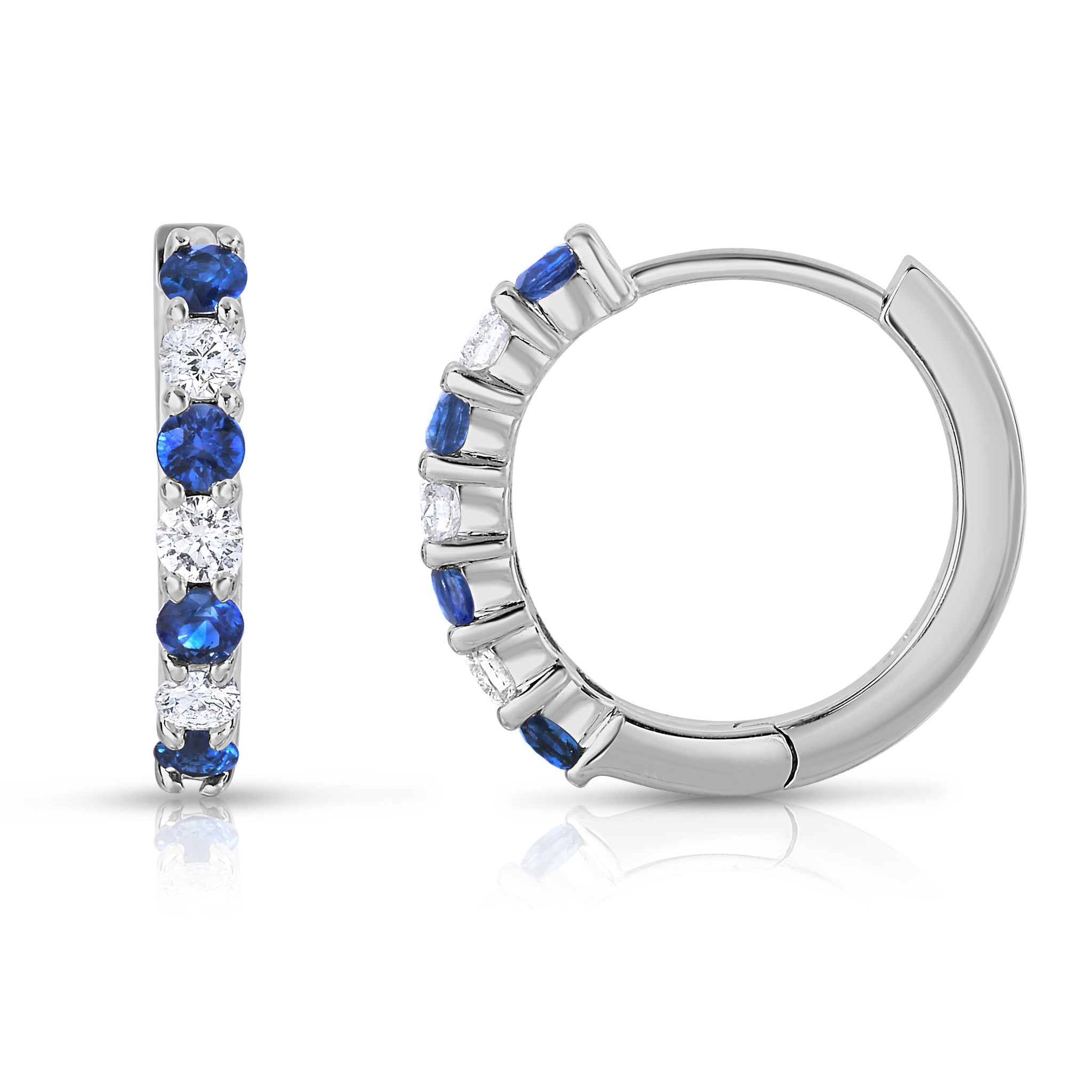 Blue Sapphire & 0.30Ct Diamond Hoop Earrings in 14K White Gold