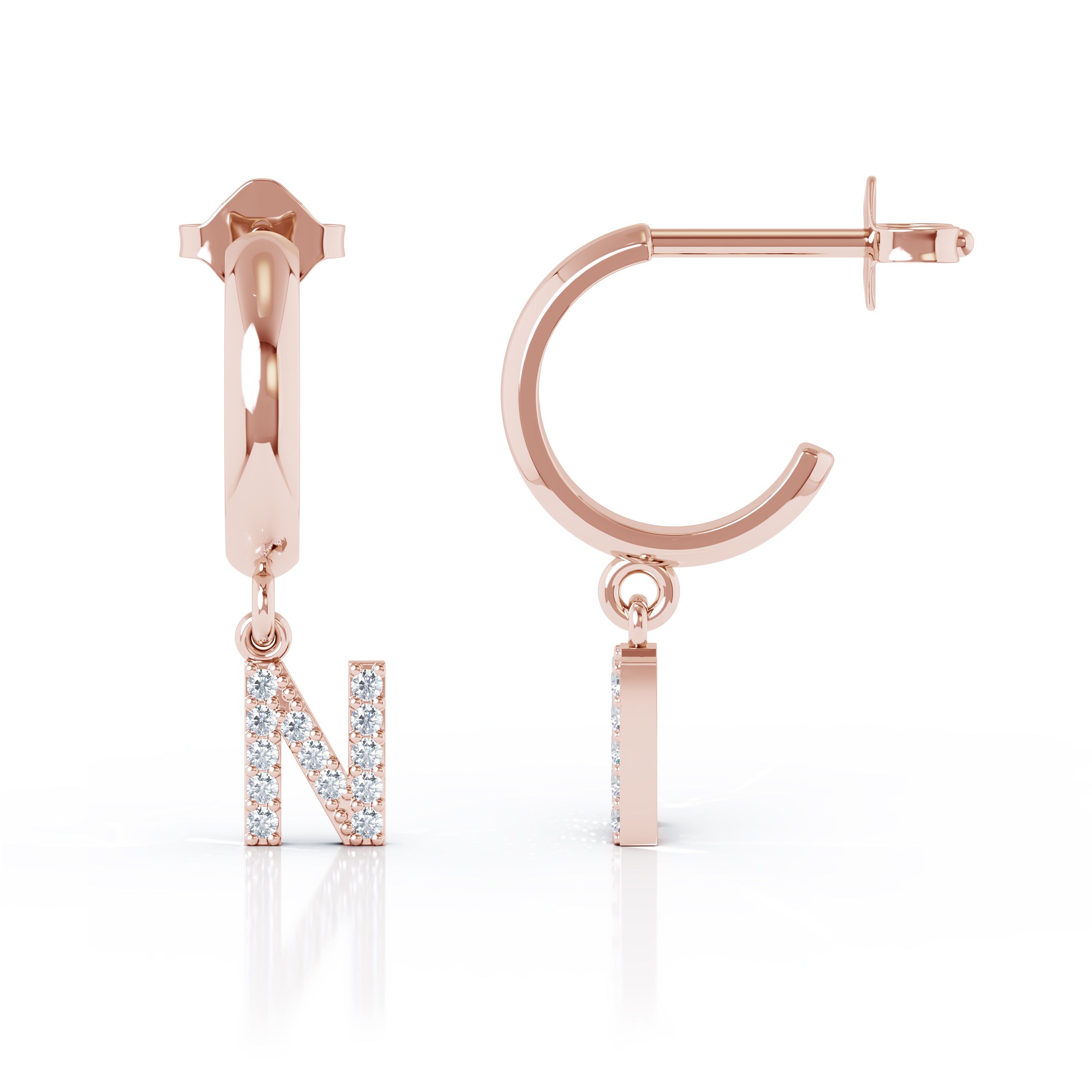 Diamond Alphabet Initial Charm Huggie Earrings Sold As Half Pair in 14K Gold