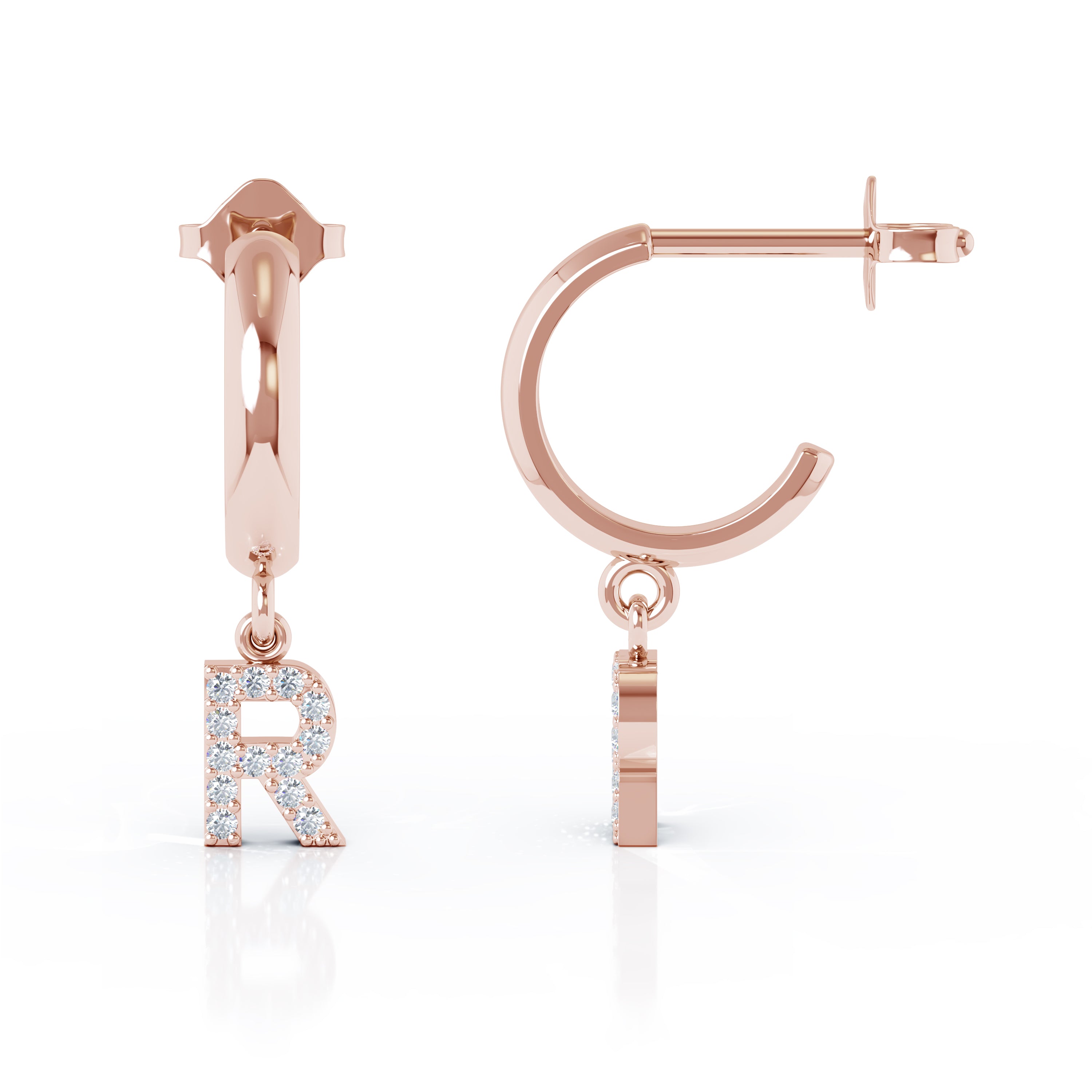 Diamond Alphabet Initial Charm Huggie Earrings Sold As Half Pair in 14K Gold