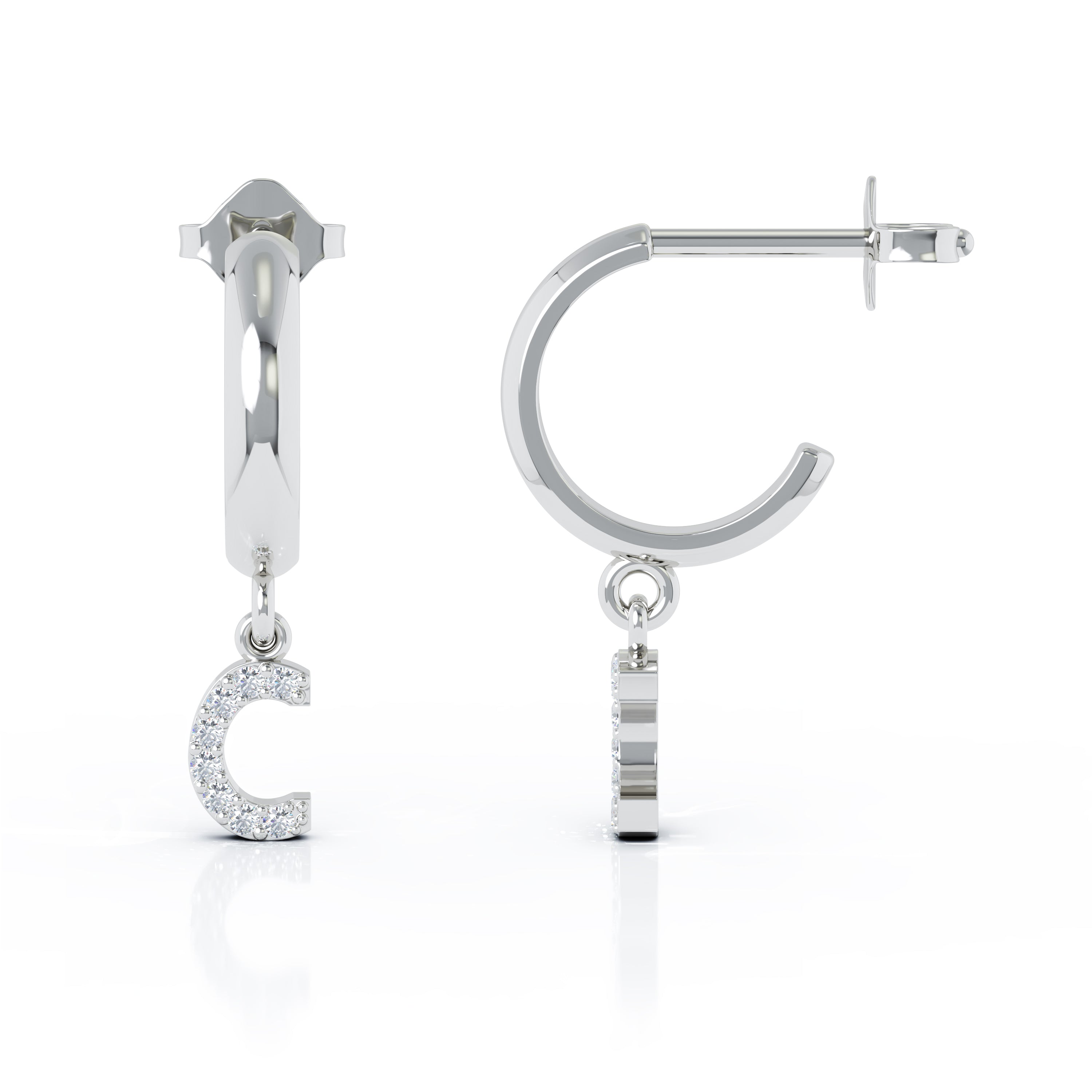 Diamond Alphabet Initial Charm Huggie Earrings Sold As Half Pair in 14K Gold