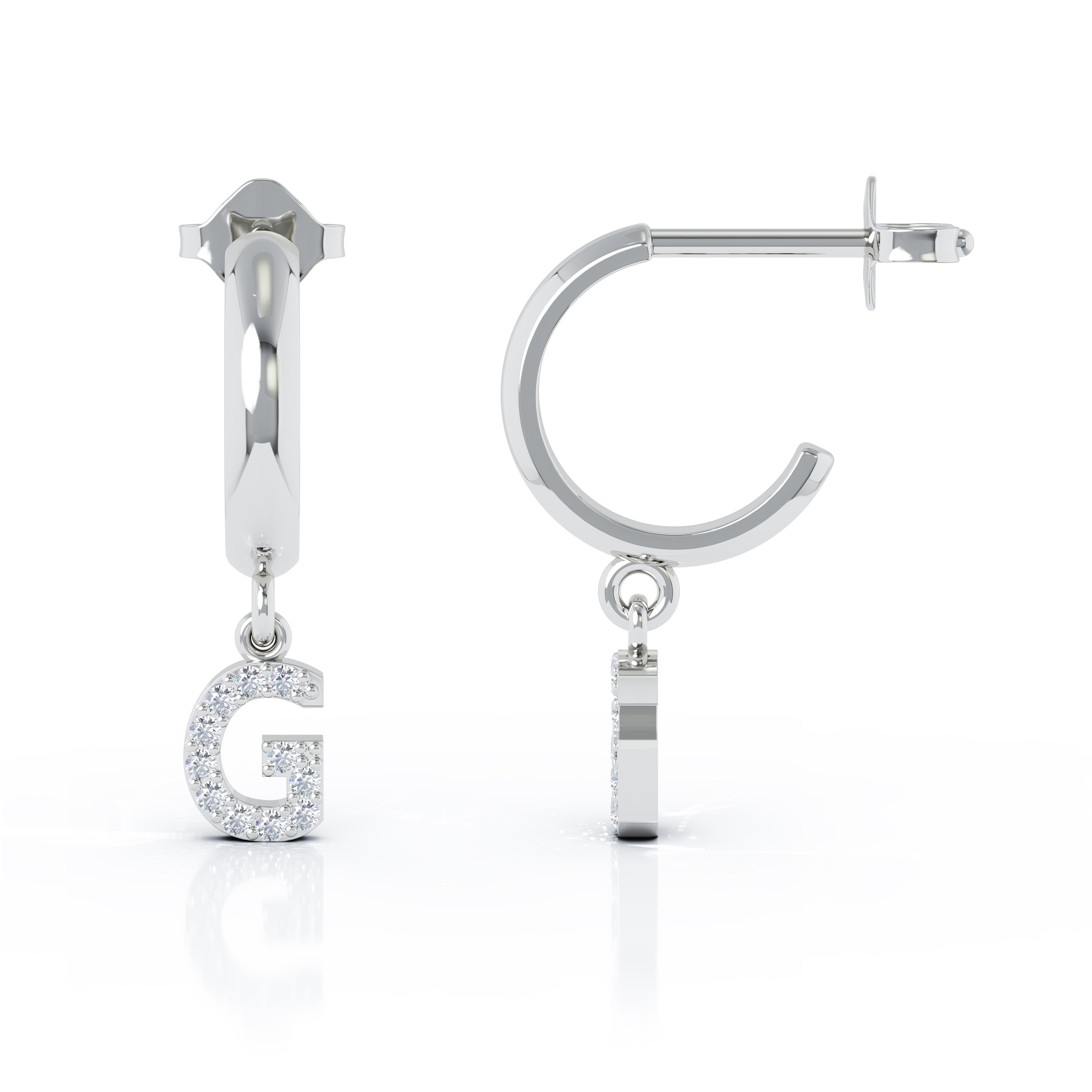 Diamond Alphabet Initial Charm Huggie Earrings Sold As Half Pair in 14K Gold