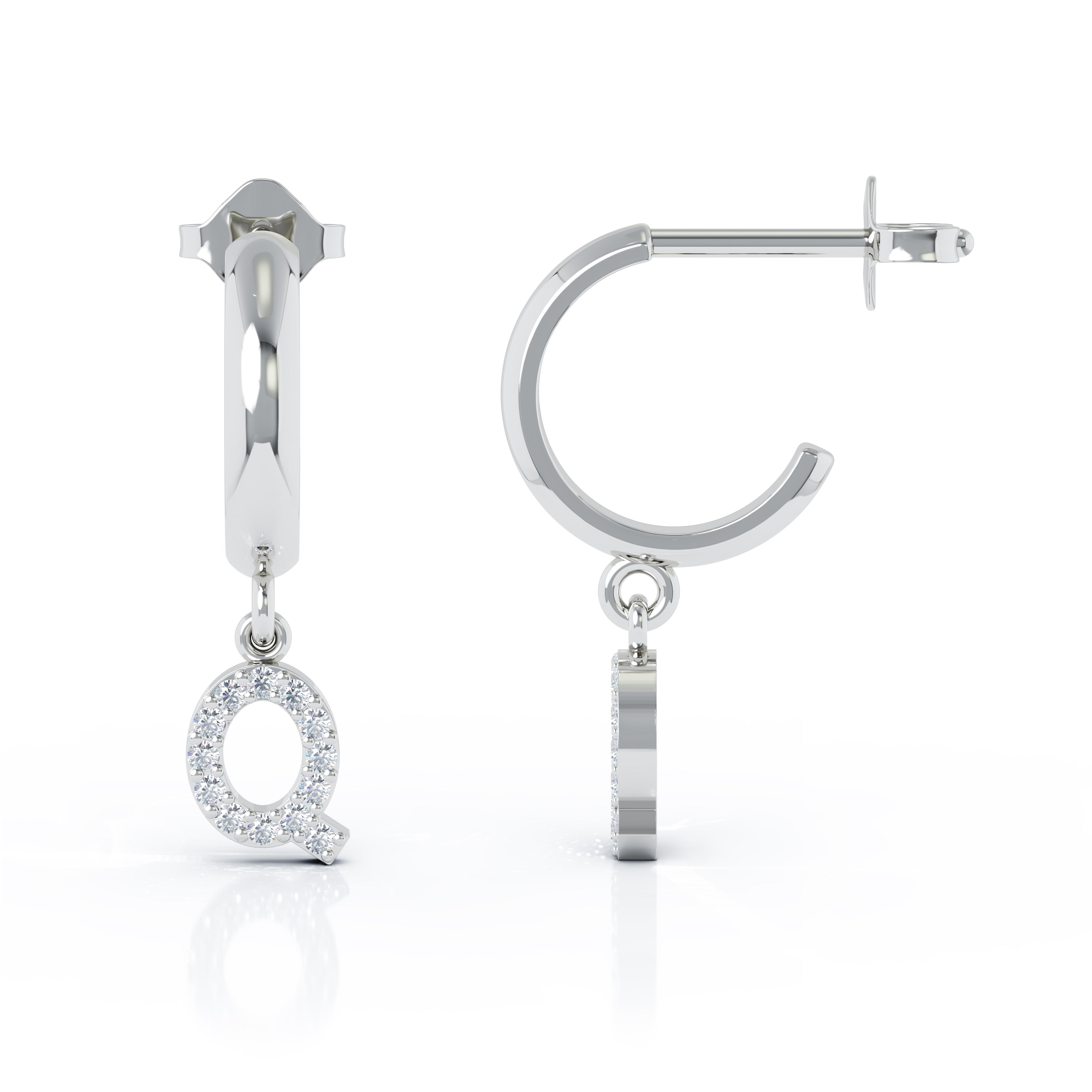 Diamond Alphabet Initial Charm Huggie Earrings Sold As Half Pair in 14K Gold