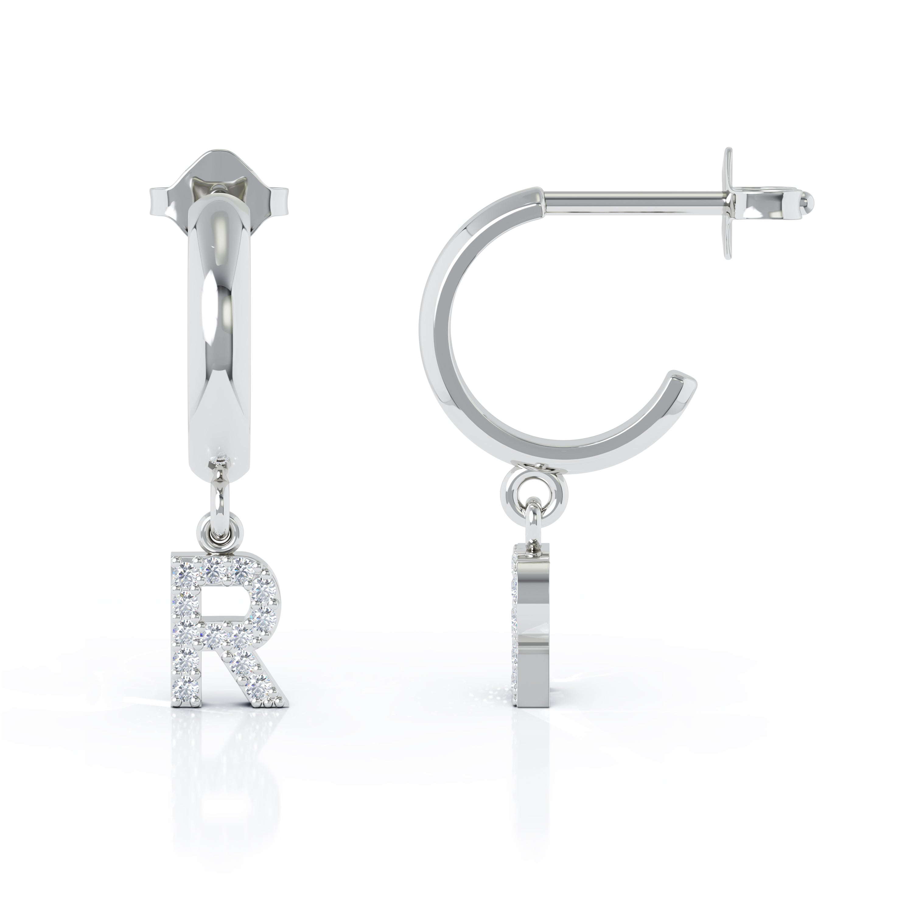Diamond Alphabet Initial Charm Huggie Earrings Sold As Half Pair in 14K Gold