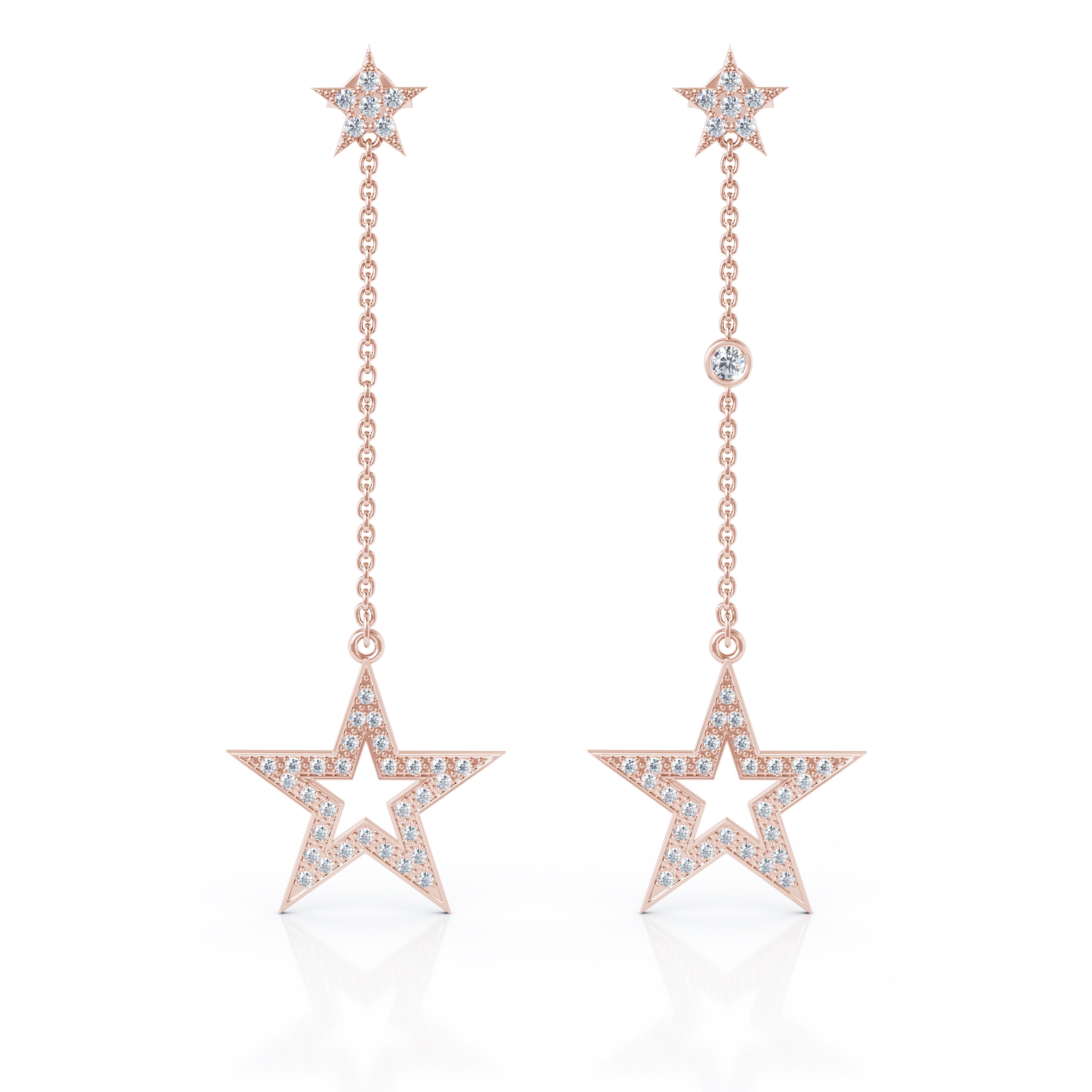 0.75Ct Diamond Star Mismatched Drop Chain Earrings in 14K Gold