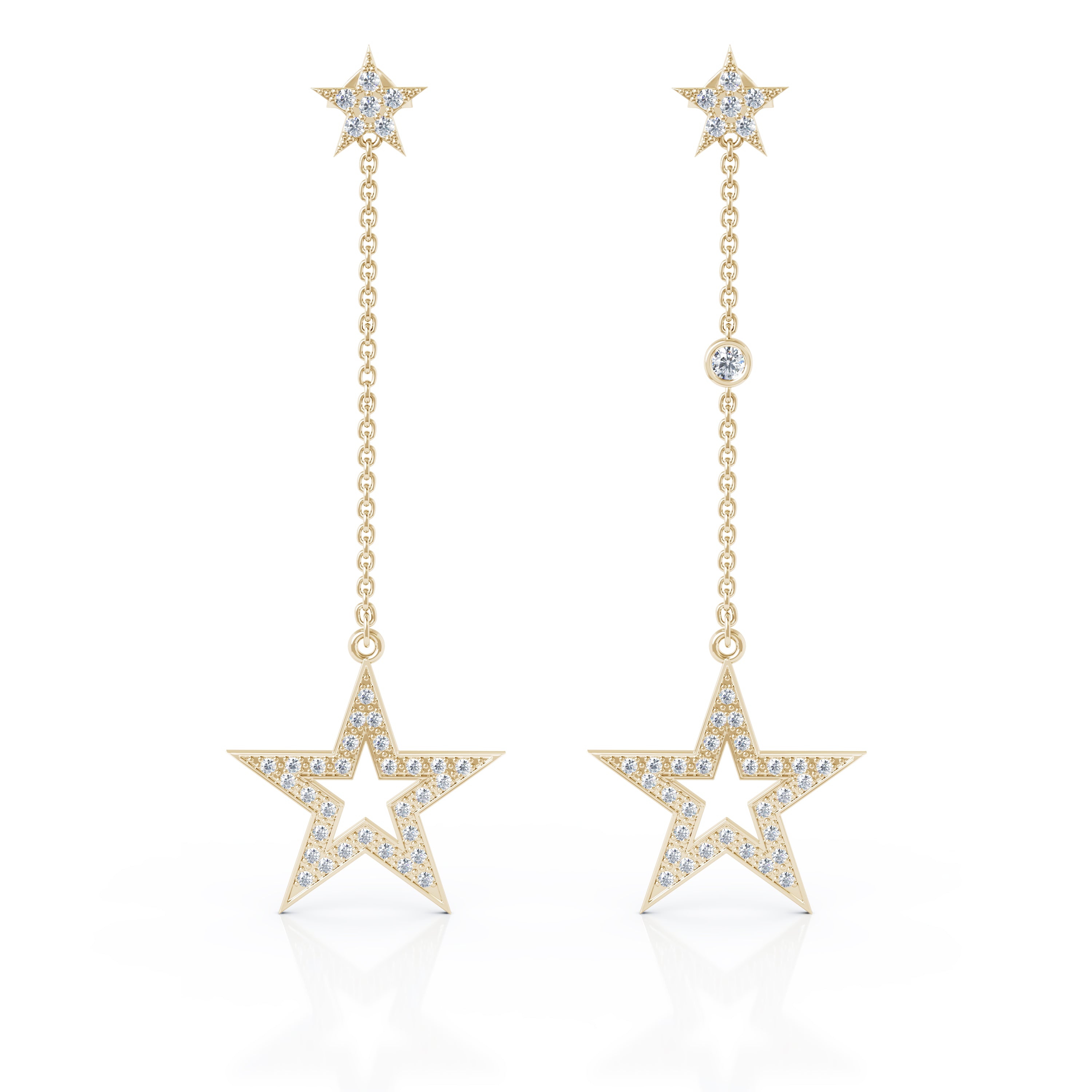 0.75Ct Diamond Star Mismatched Drop Chain Earrings in 14K Gold