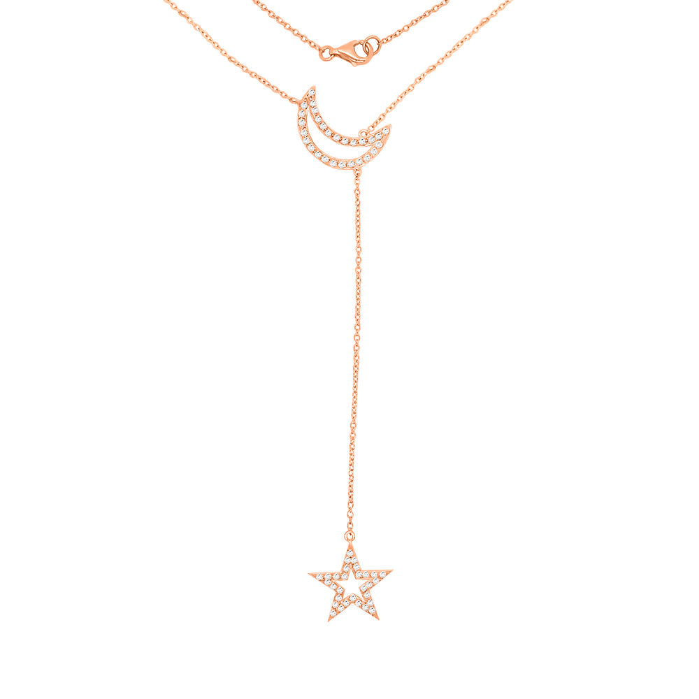 0.55Ct Diamond Star & Moon Necklace, 18"-20" in 14K Gold
