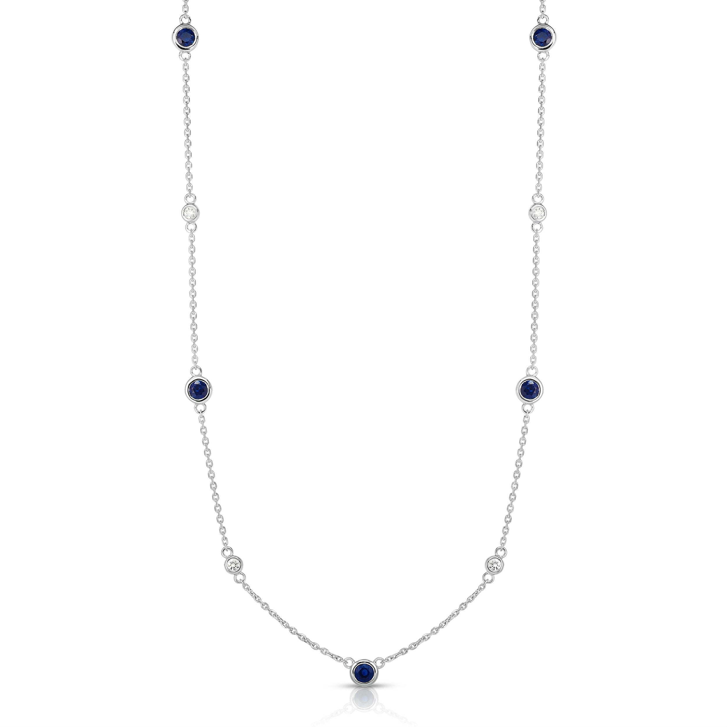 11 Station 1.50Ct Gemstone & 0.30Ct Diamond Necklace, 17-18" Chain in 14K White Gold