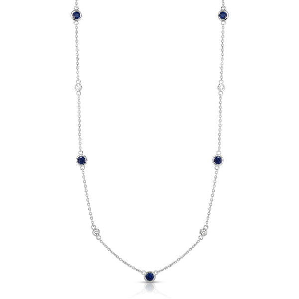 14K White Gold Blue Sapphire & Diamond by 11 Station Necklace (0.30 Ct, G-H, SI2-I1), 17-18