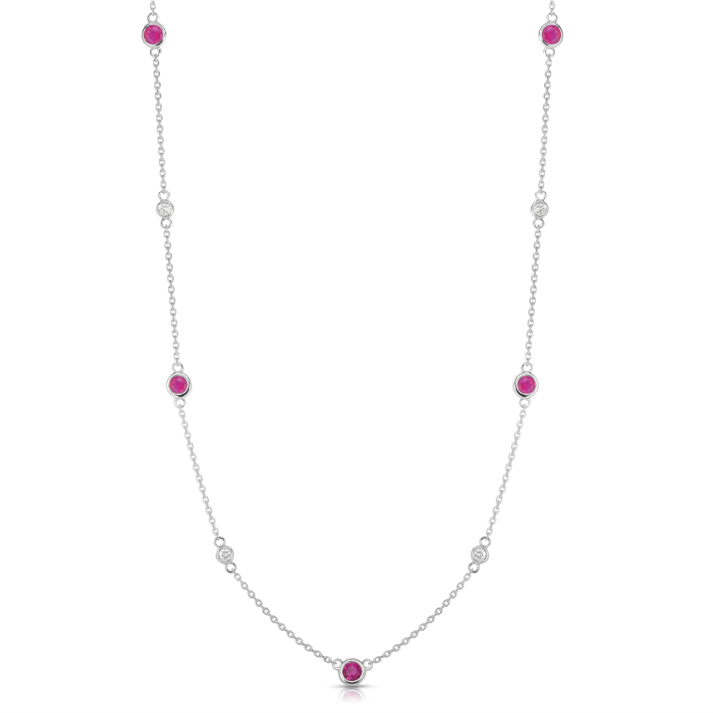 11 Station 1.50Ct Gemstone & 0.30Ct Diamond Necklace, 17-18" Chain in 14K White Gold