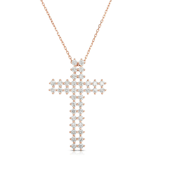 14K Gold Diamond Double-Row Cross Pendant (1.70 Ct, G-H Color, SI2-I1 Clarity) With 18