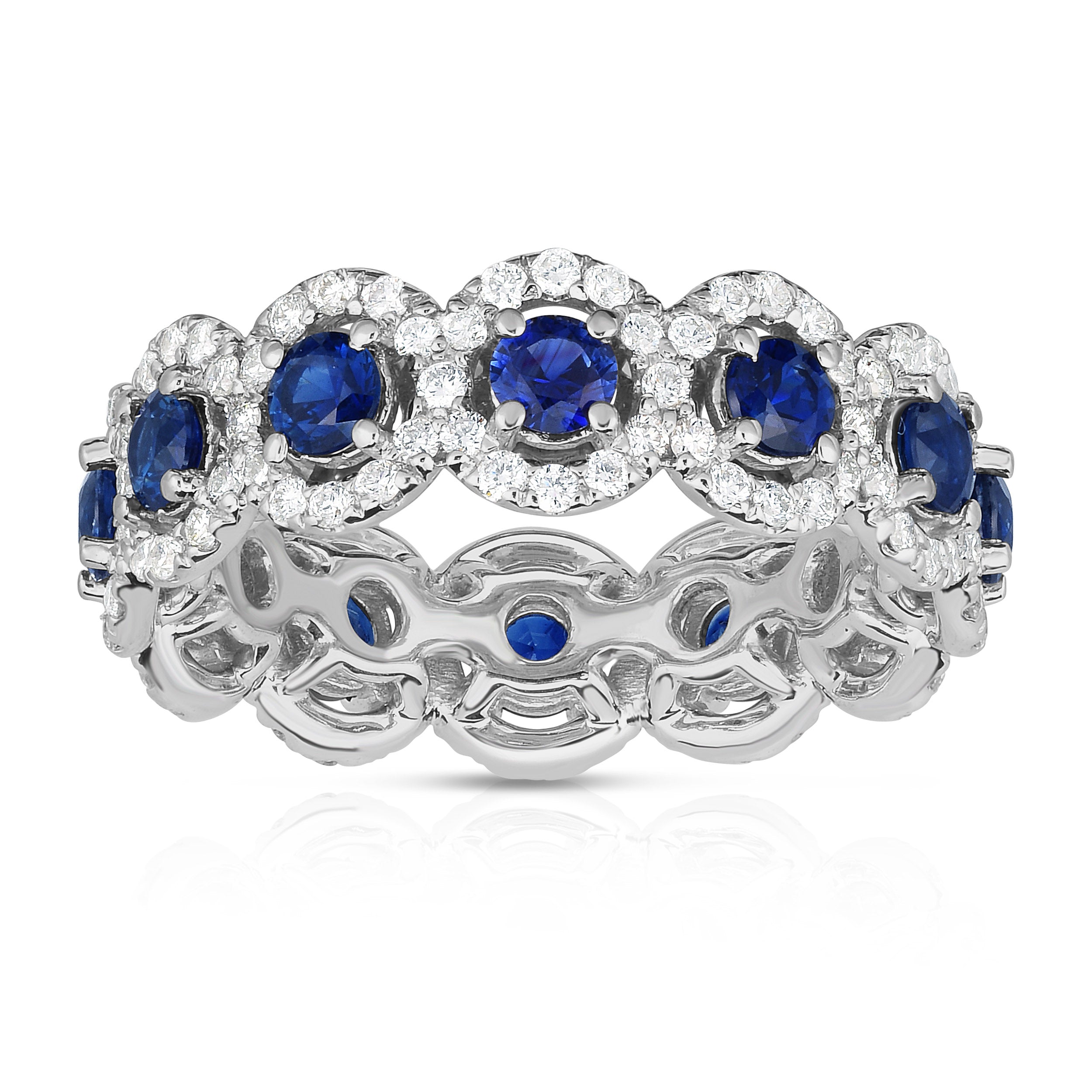 Blue Sapphire & 1.30Ct Diamond Eternity Wedding Ring in 14K White Gold
