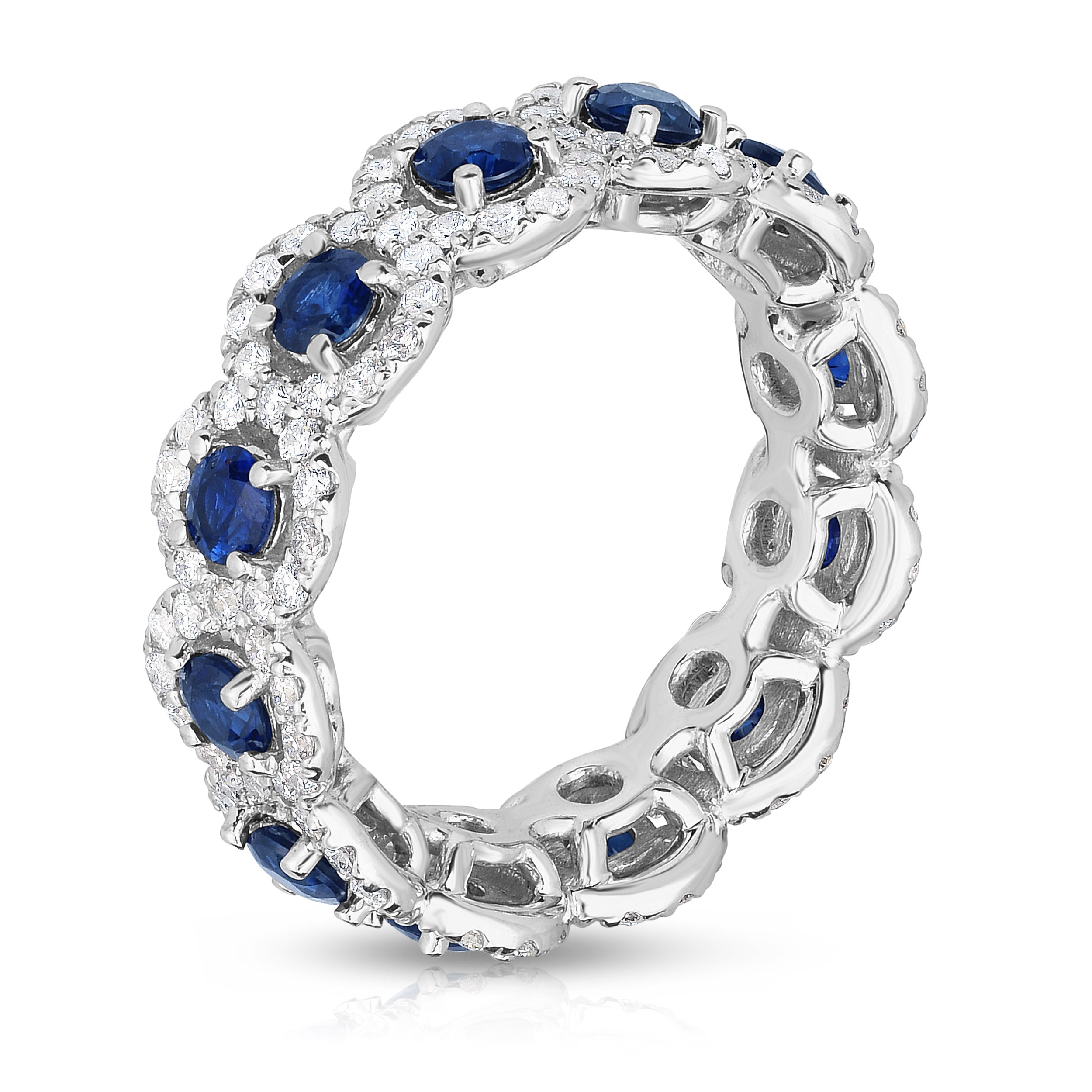 Blue Sapphire & 1.30Ct Diamond Eternity Wedding Ring in 14K White Gold
