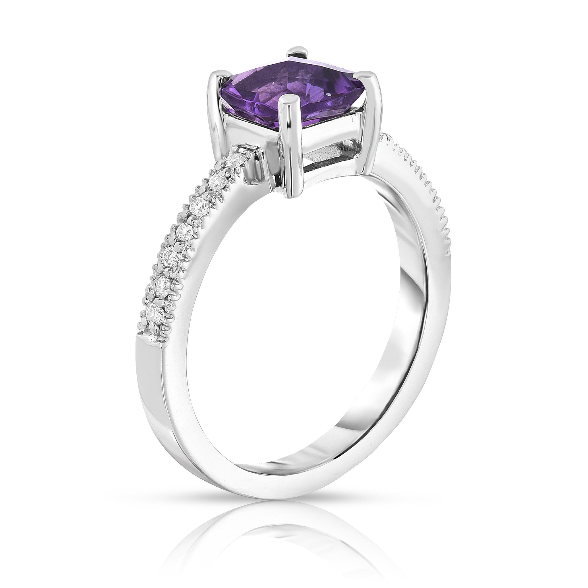 Cushion Cut Checkerboard Amethyst & 0.12Ct Diamond Ring in 14K White Gold