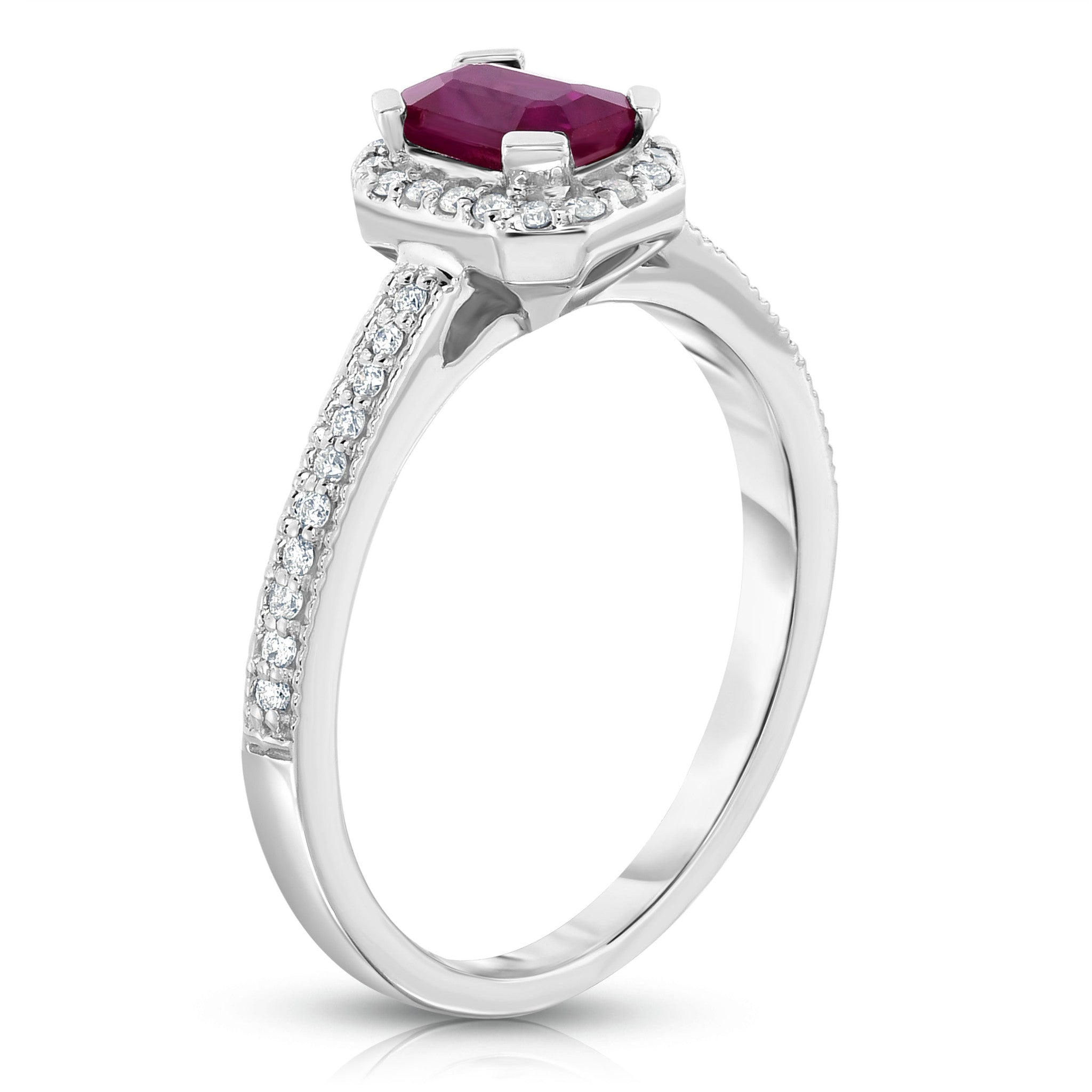 Emerald Cut Gemstone & 0.15Ct Diamond Ring in 14K White Gold