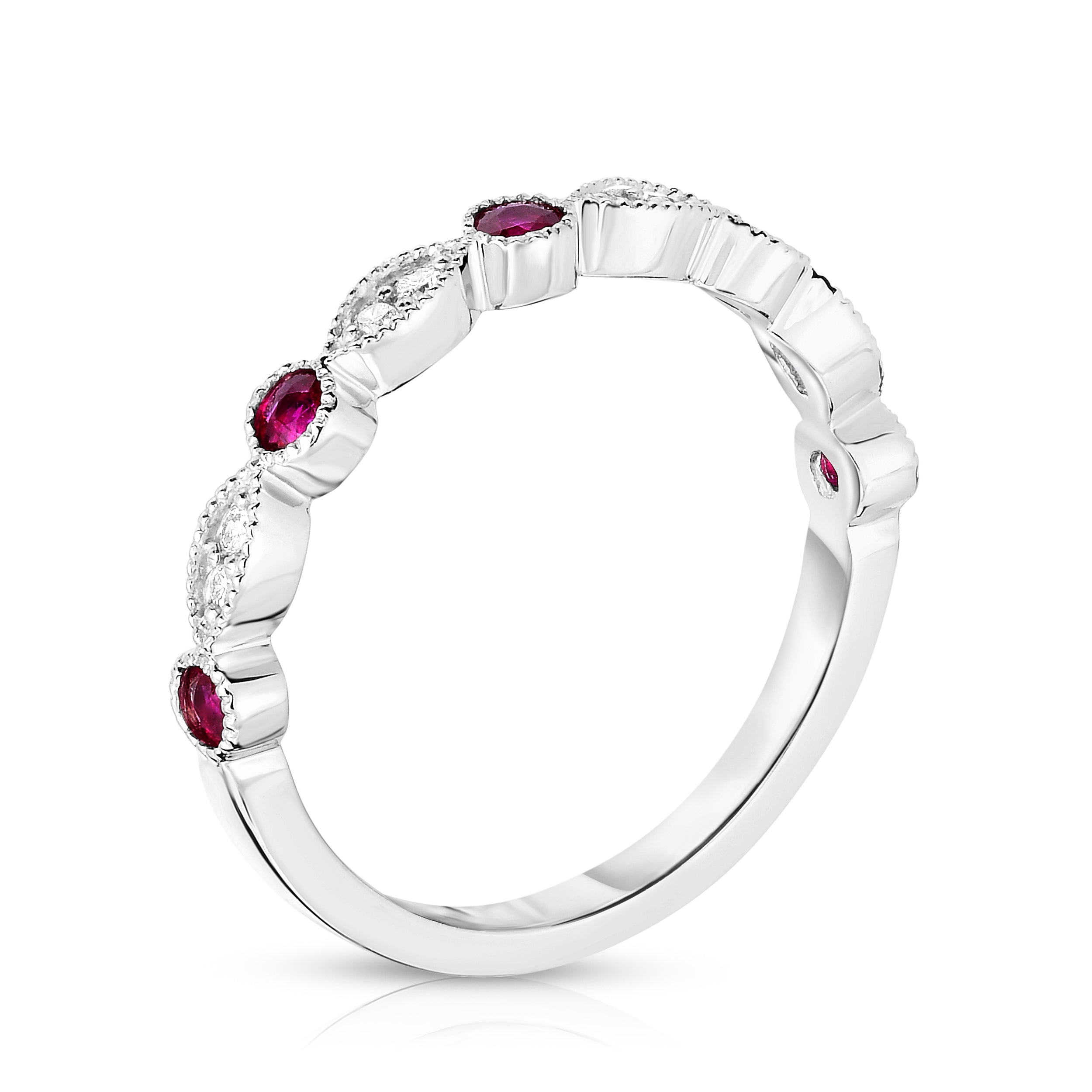 Gemstone & 0.08Ct Diamond Stackable Milligrain Ring in 14K White Gold