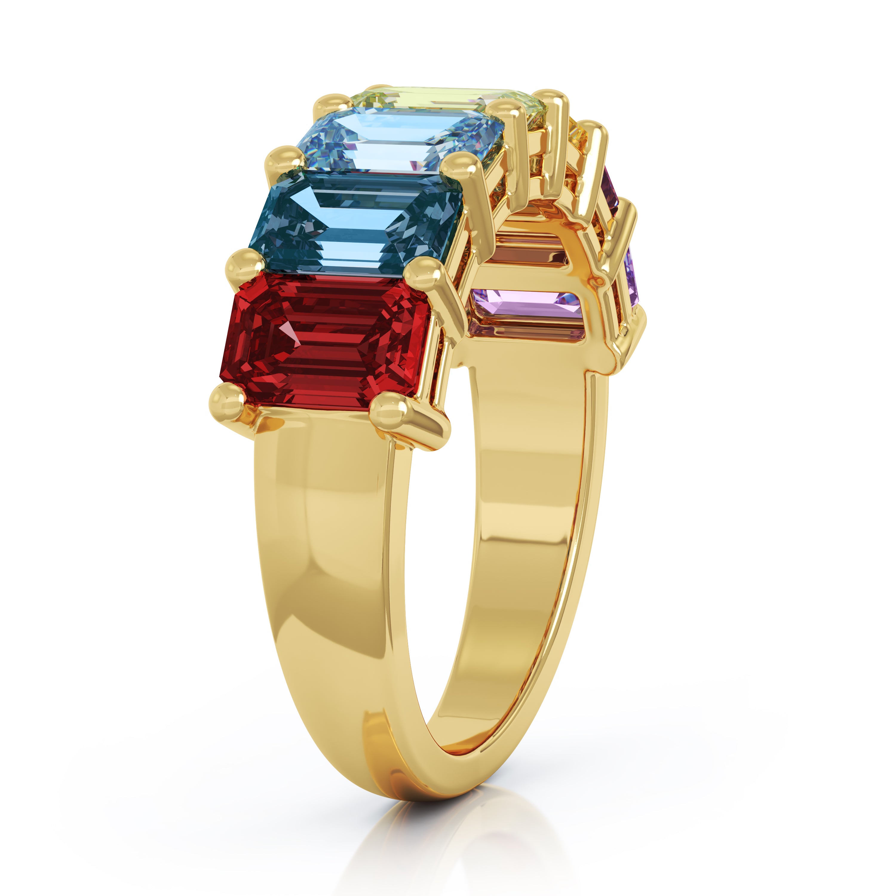 6x4MM Emerald Cut Rainbow Gemstone Ring in 14K Gold