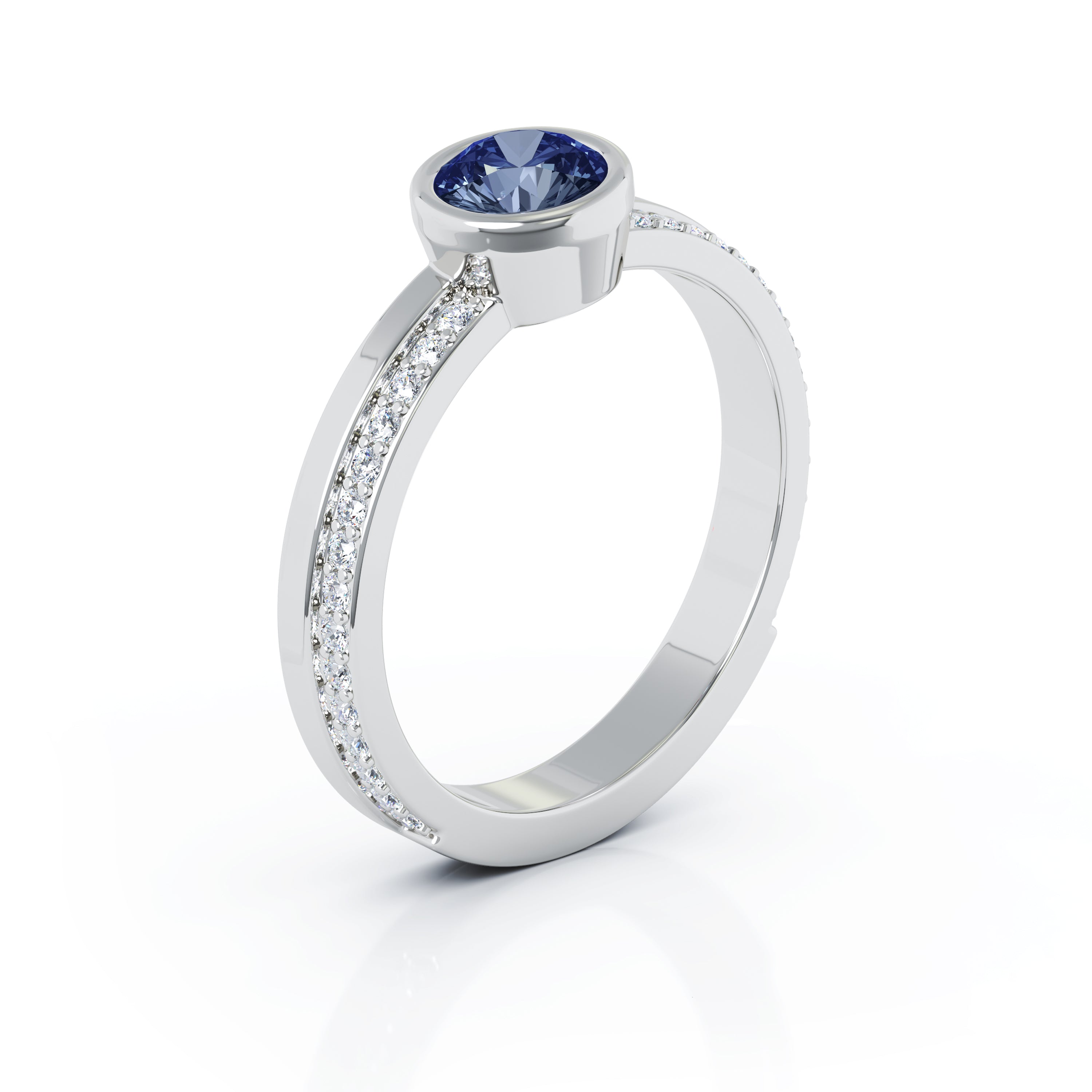 Bezel 5MM Sapphire & 0.15Ct Diamond Ring in 14K Gold