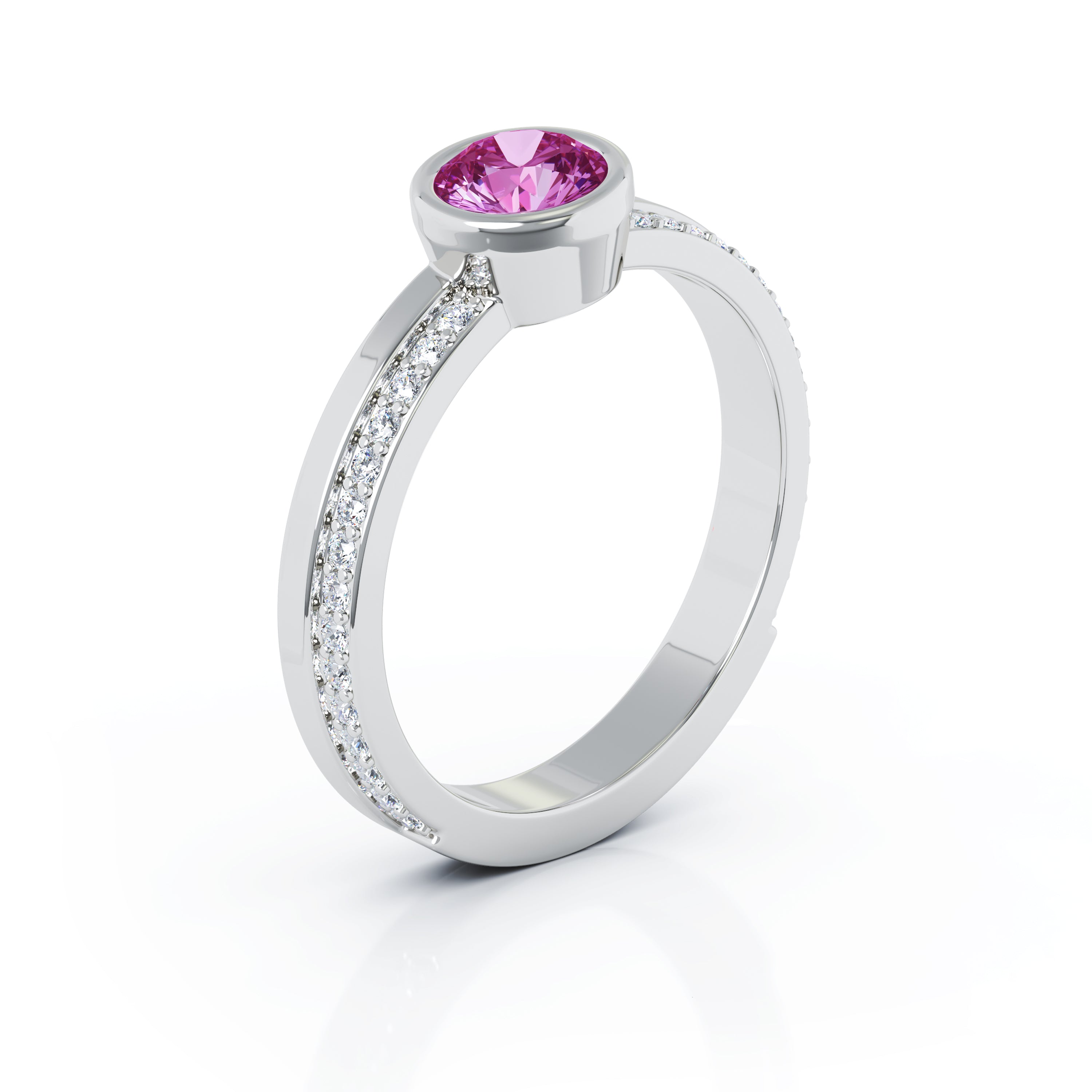 Bezel 5MM Sapphire & 0.15Ct Diamond Ring in 14K Gold