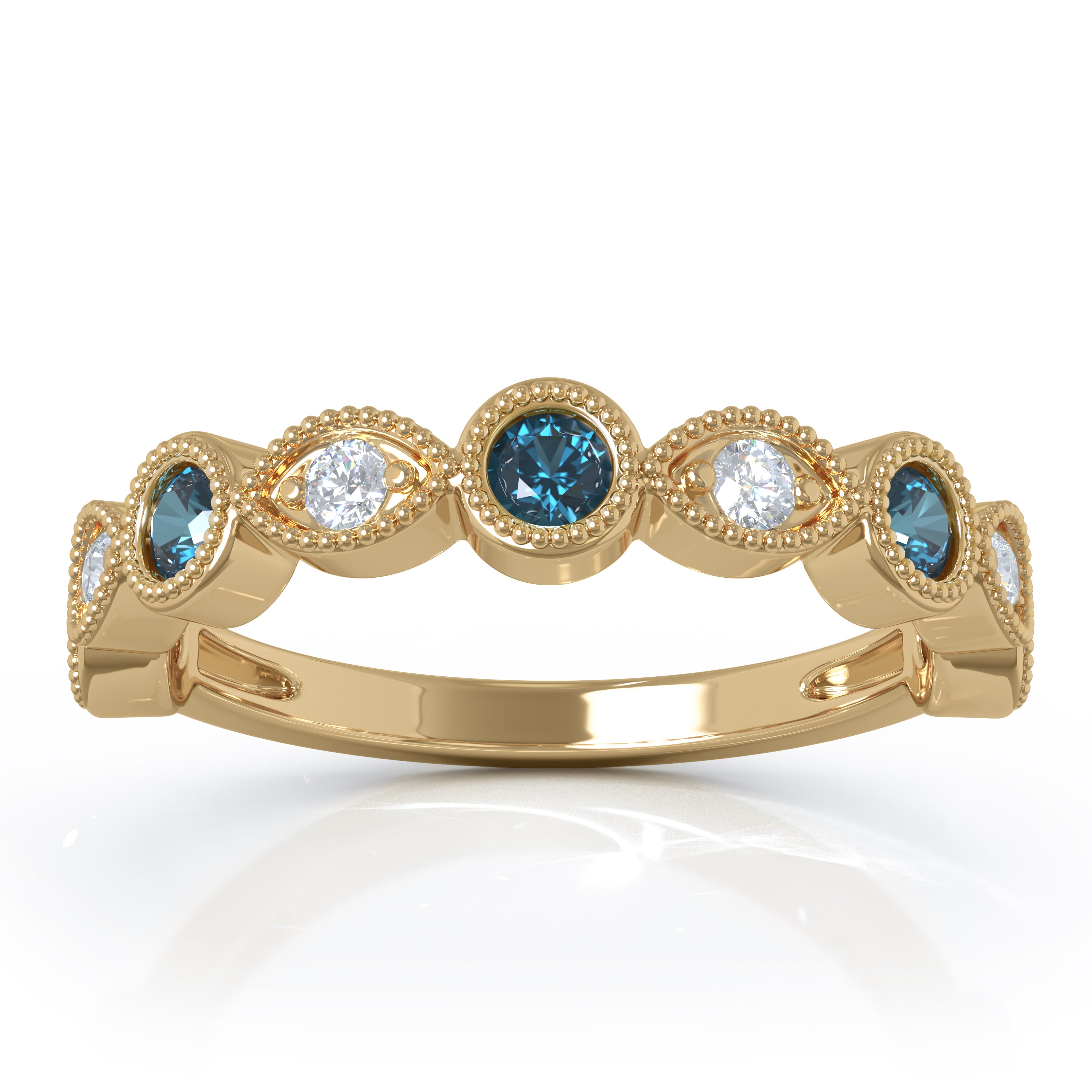 Gemstone & 0.12Ct Diamond Milligrain Wedding Band in 14K Gold