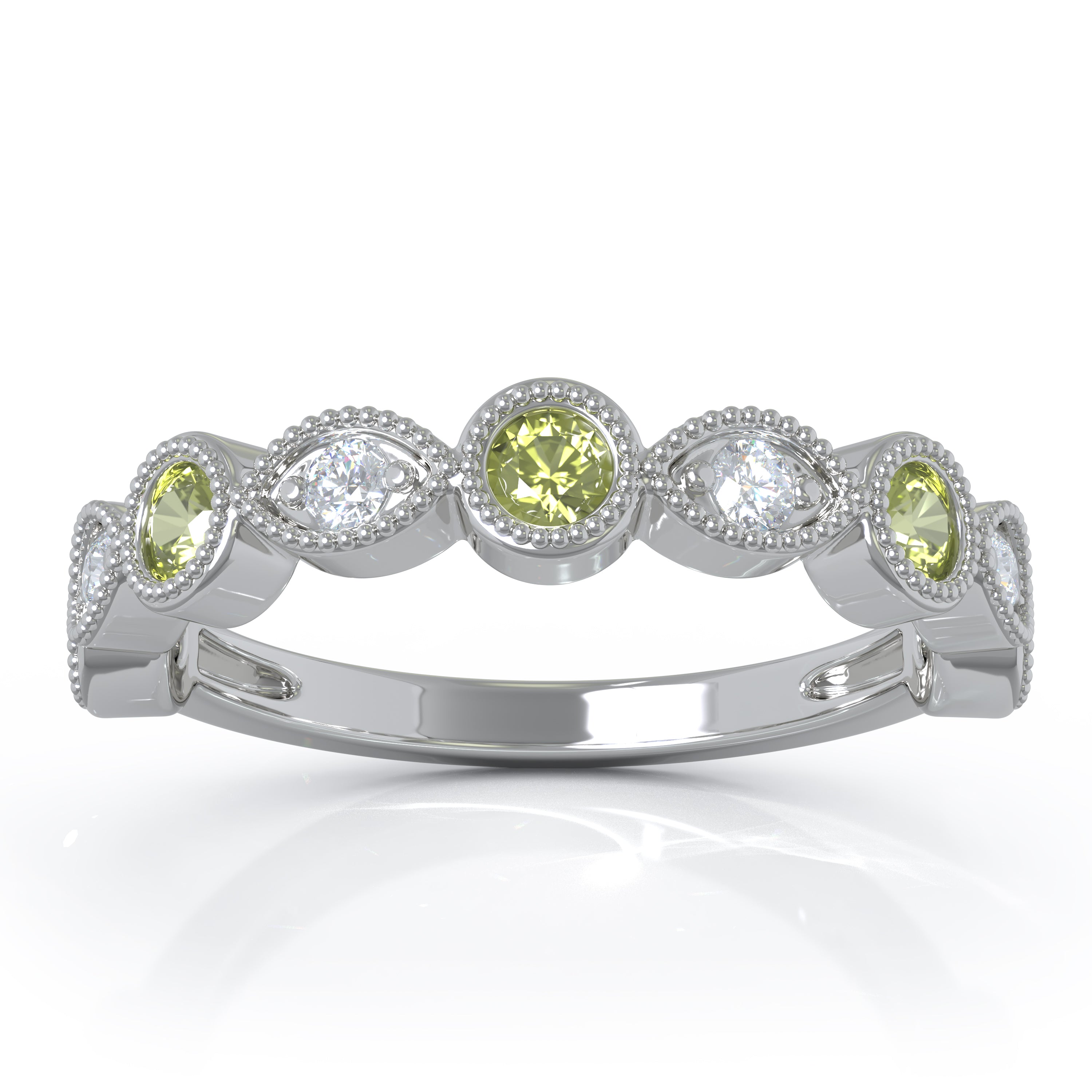 Gemstone & 0.12Ct Diamond Milligrain Wedding Band in 14K Gold