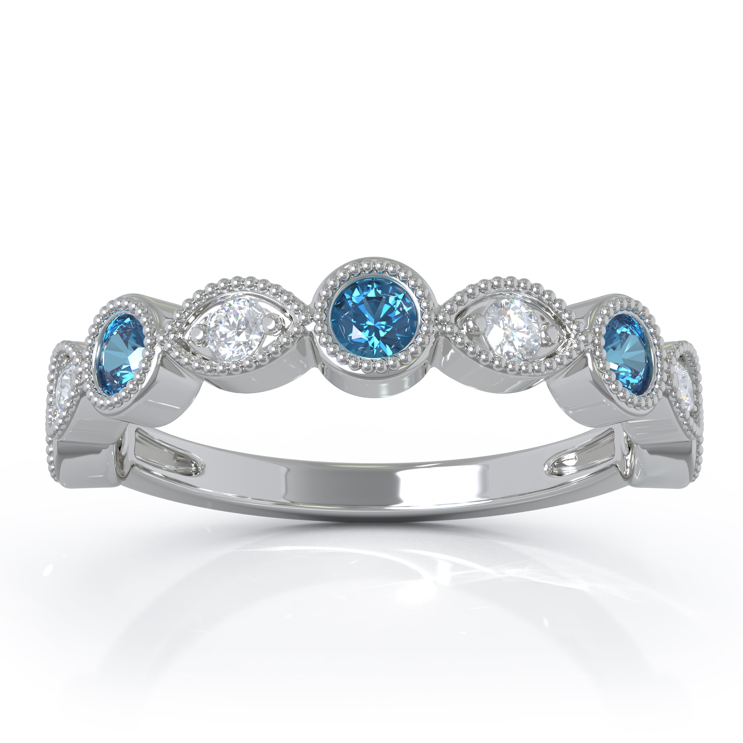 Gemstone & 0.12Ct Diamond Milligrain Wedding Band in 14K Gold