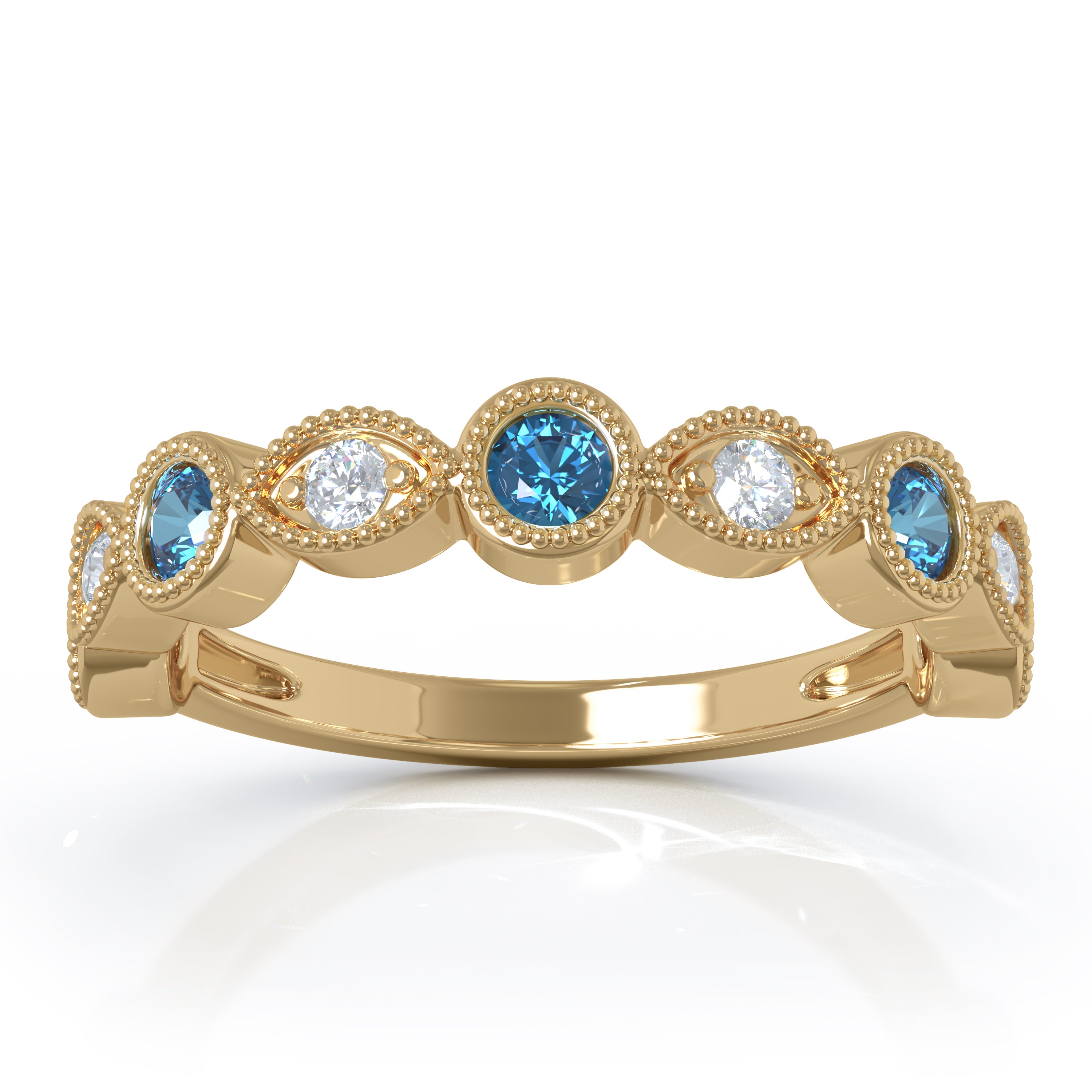 Gemstone & 0.12Ct Diamond Milligrain Wedding Band in 14K Gold