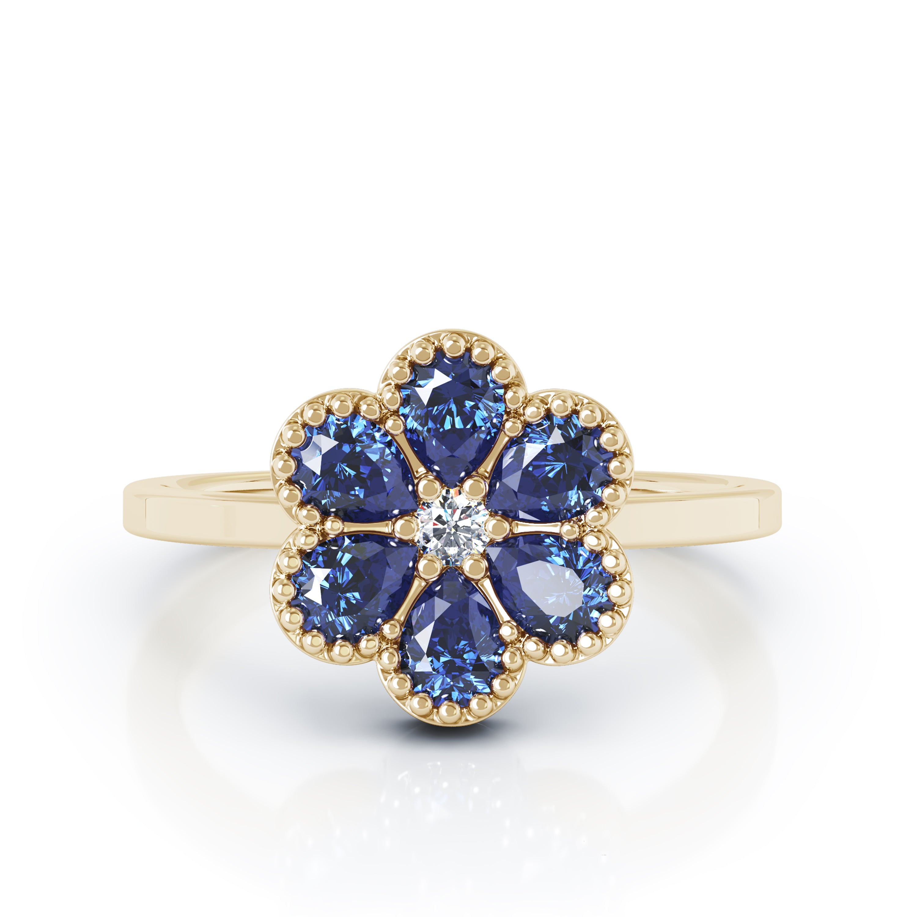 Blue Sapphire & Diamond Flower Ring in 14K Gold