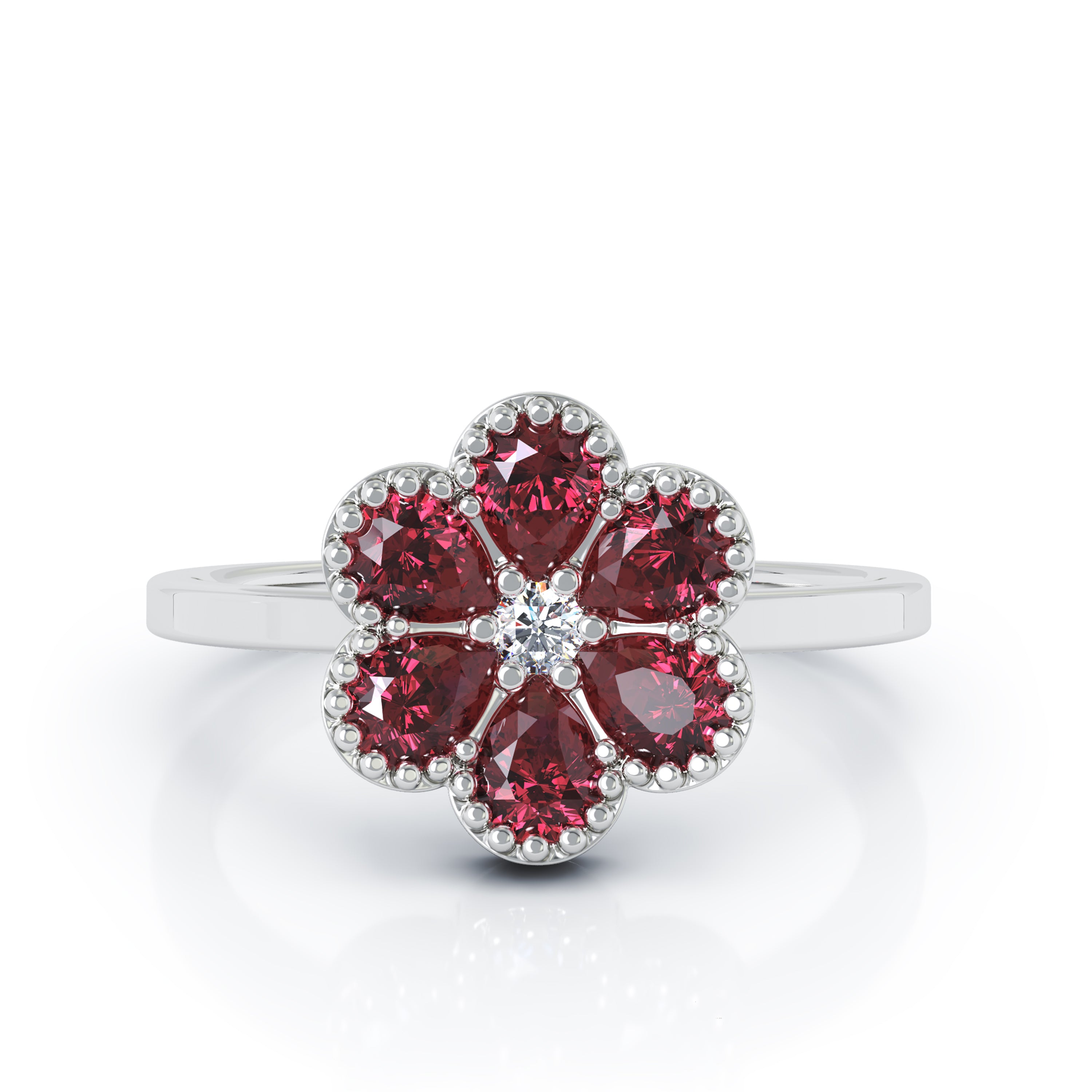 Ruby & Diamond Flower Ring in 14K Gold