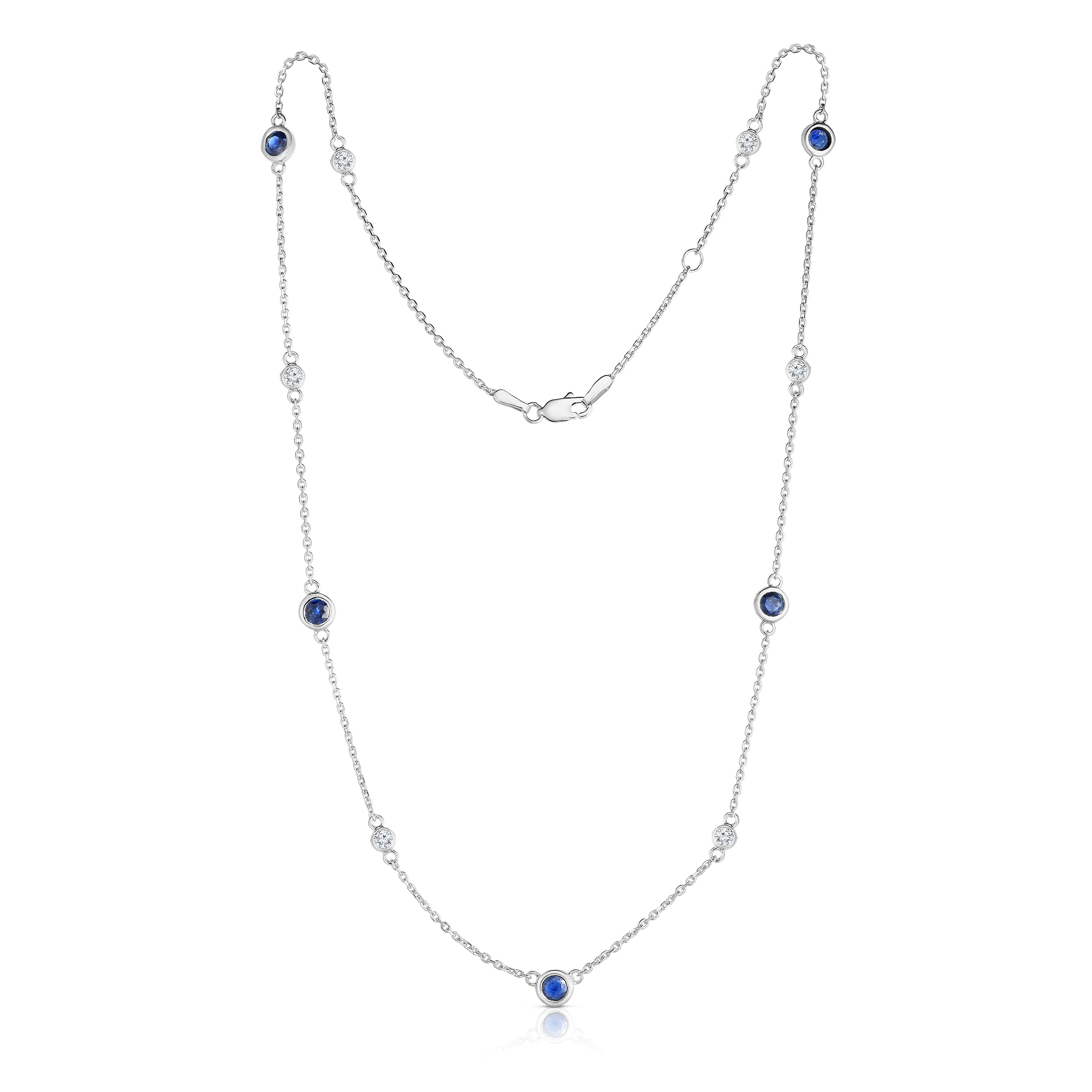 11 Station 1.50Ct Gemstone & 0.30Ct Diamond Necklace, 17-18" Chain in 14K White Gold