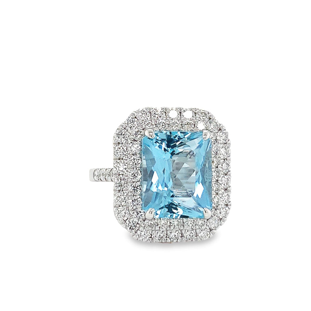 14K White Gold Emerald Cut 5.83ctt Aquamarine & 1.58ctt Diamond Ring