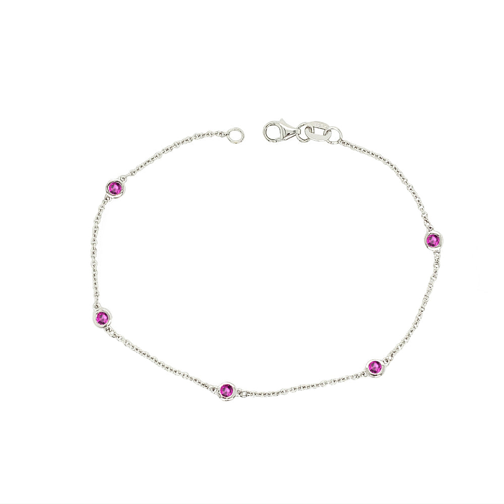 5 Station 0.30Ct Ruby Bracelet, 7" in 14K White Gold