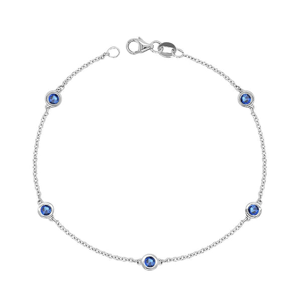 14K White Gold 0.60 Ct Blue Sapphire 5 Station Bracelet, 7 Inches