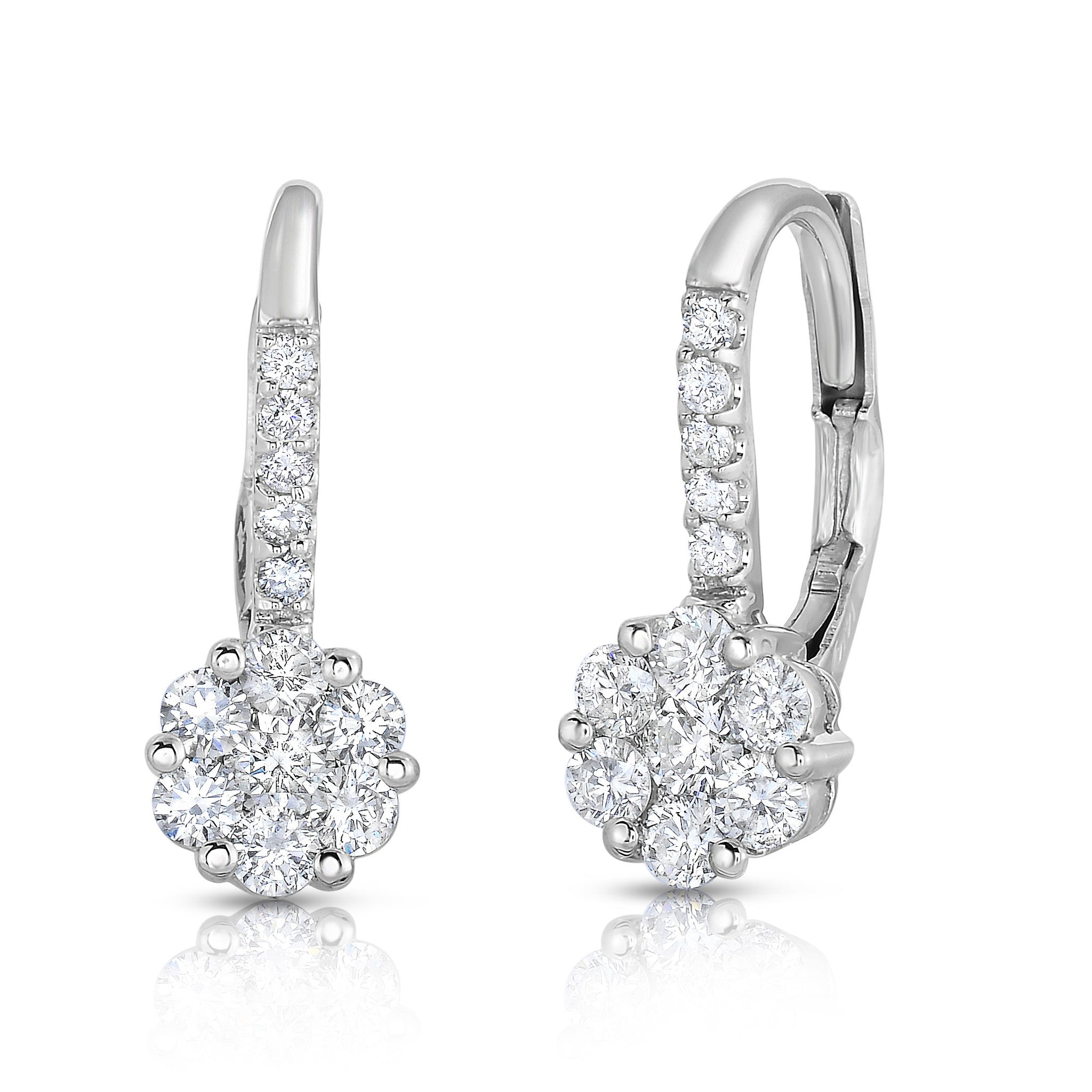 0.90Ct Diamond Cluster Leverback Earrings in 14K White Gold