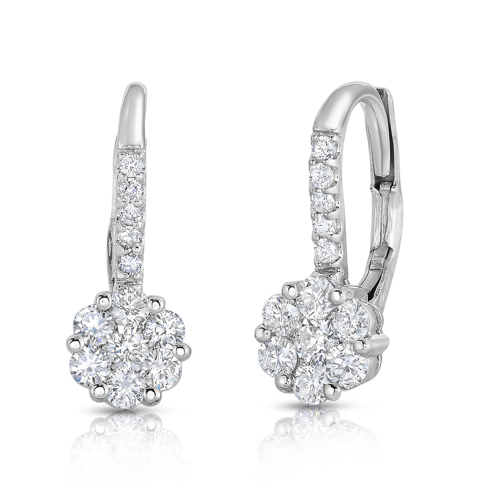 14K White Gold Diamond (0.90 Ct, G-H Color, SI2-I1 Clarity) Cluster Leverback Earrings